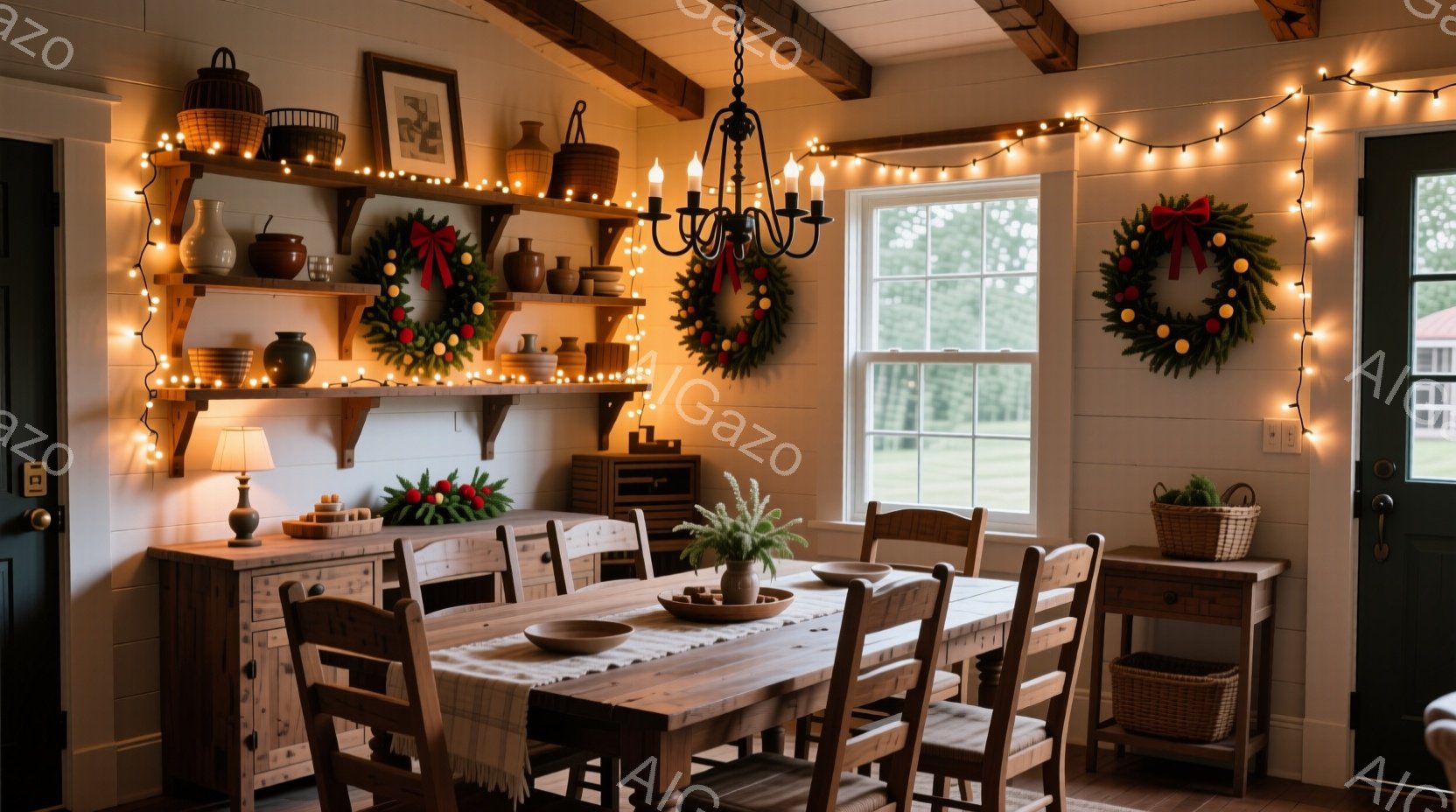 温かみのあるダイニングルームで、木製のテーブルと椅子が配置されています。壁には白い棚が並び、手作りの陶器やクリスマスリース、キャンドルが飾られ、居心地の良い雰囲気を醸し出しています。窓の外には緑豊かな風景が広がり、穏やかで落ち着いた雰囲気を演出しています。