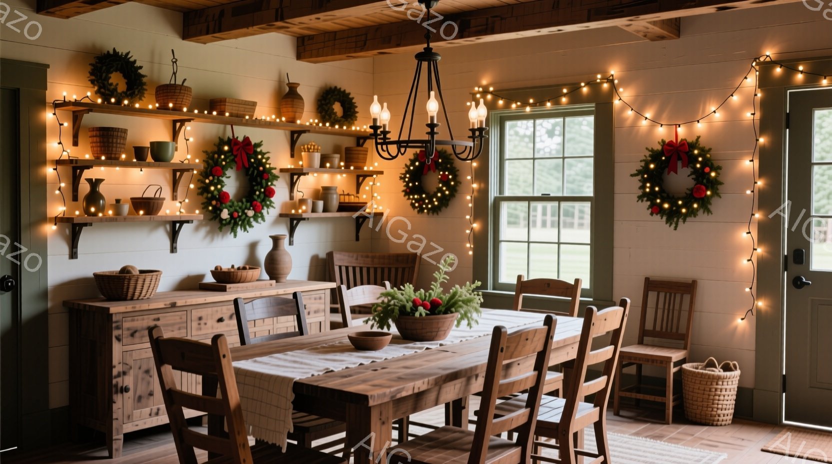 居心地の良いダイニングルームは、木製のテーブルと椅子で統一されており、壁には様々なサイズの棚が設置されています。棚には、陶器、バスケット、そしてクリスマスリースが飾られ、窓際には温かい光のイルミネーションが飾られています。全体的に、暖かく、落ち着いた雰囲気で、クリスマスの準備が整いつつある、居心地の良い空間が表現されています。