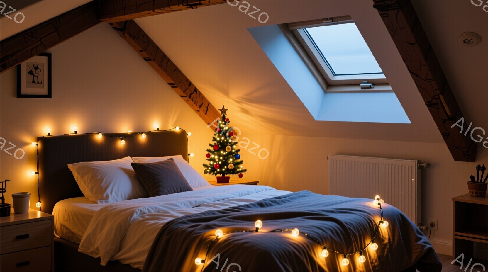 傾斜した屋根裏部屋のベッドルームには、白を基調としたベッドが置かれ、飾り付けられた小さなクリスマスツリーが視線を引きます。暖色のイルミネーションライトがベッド周りを飾り、居心地の良い雰囲気を醸し出しており、全体的に落ち着いた暖色系のトーンでまとめられています。白い壁と木製の梁が部屋の構造を強調し、穏やかでリラックスした空間を作り出しています。