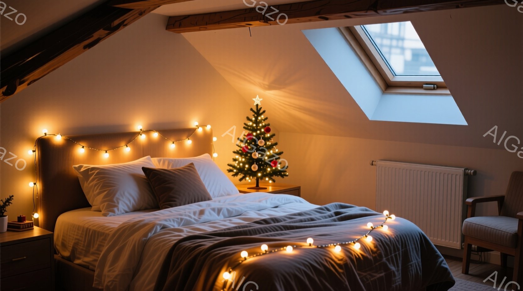 暖炉のそばのベッドルームは、温かい光で満たされています。ベッドには灰色のブランケットと枕が敷かれ、クリスマスの飾り付けが施されています。天井には天窓があり、外の景色が見えます。