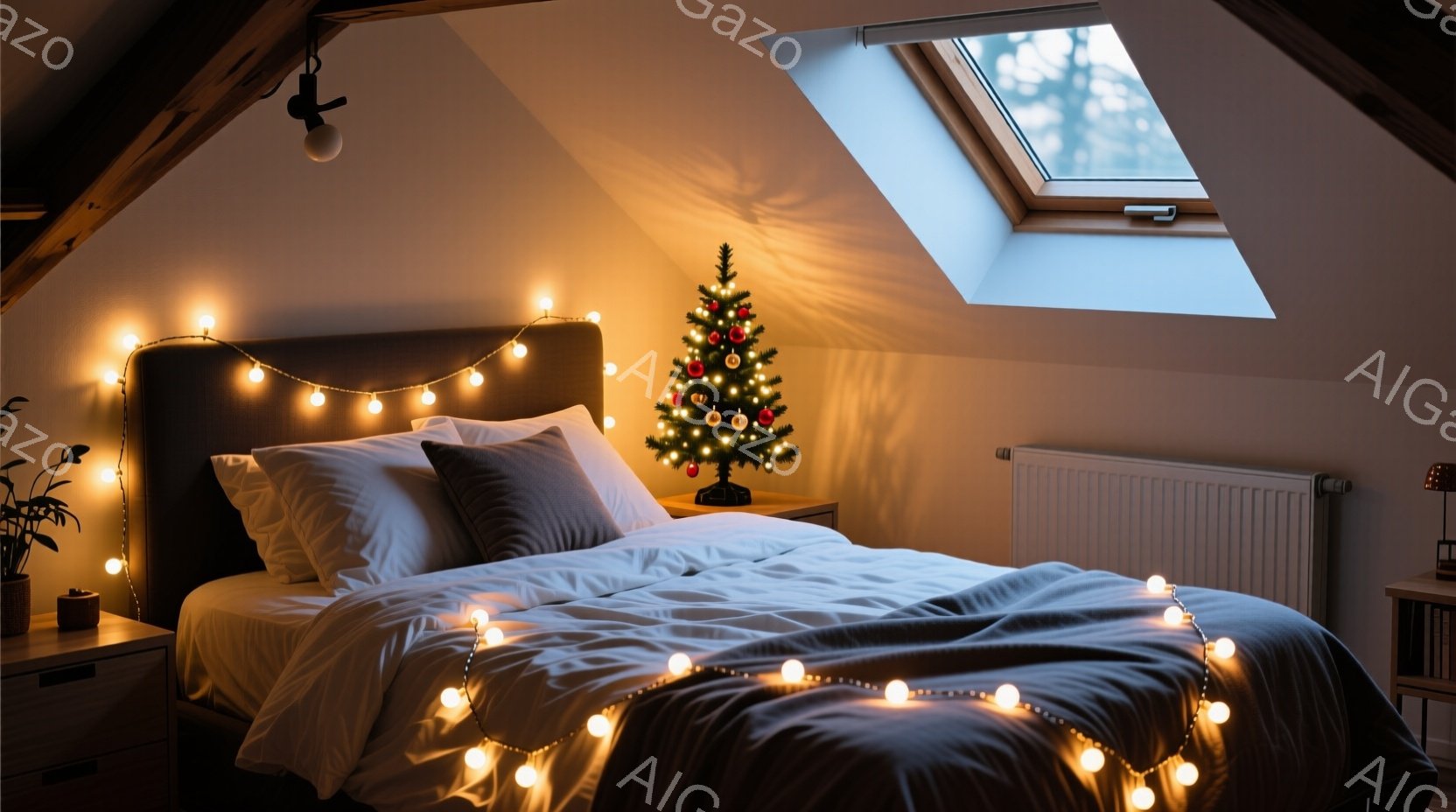 傾斜した屋根裏部屋のベッドルームには、白いリネンで覆われたベッドがあり、暖色のフェアリーライトがベッドヘッドボードとベッド全体に飾られています。ベッドサイドテーブルには小さなクリスマスツリーが置かれ、壁には暖炉またはヒーターが見られます。全体的に、居心地の良い、暖かい、そしてクリスマスの雰囲気が漂う、静かな隠れ家のような空間です。