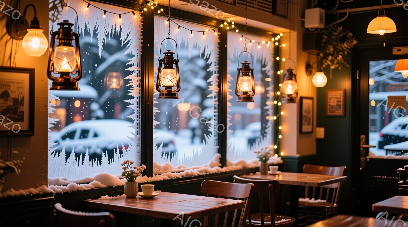 暖炉のような温かい光が差し込む、冬のカフェの内部です。窓には雪景色が描かれ、テーブルには花瓶とカップが置かれ、落ち着いた雰囲気を醸し出しています。木の椅子とテーブルが並び、暖かく居心地の良い空間が演出されています。