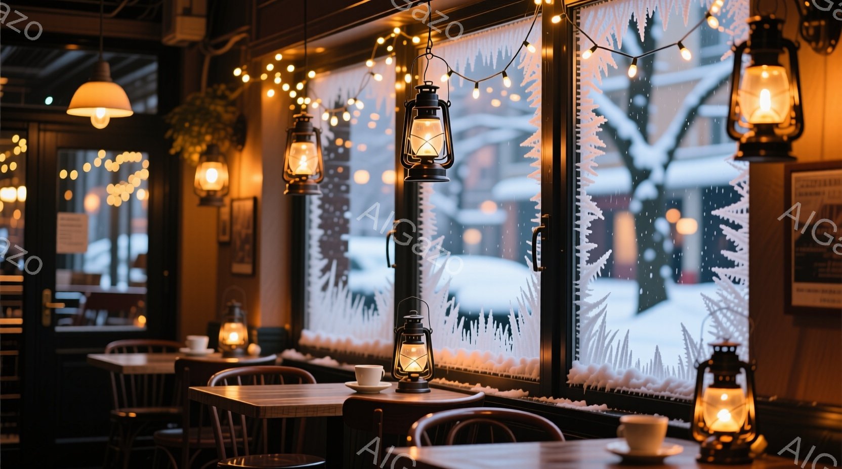 窓の外は雪景色で、切り紙のようなデザインが施された窓が印象的だ。店内は暖色系の照明で照らされ、テーブルにはティーカップが置かれ、オイルランプが灯っているため、暖かく居心地の良い雰囲気が漂っている。木製 - AI生成フリー素材