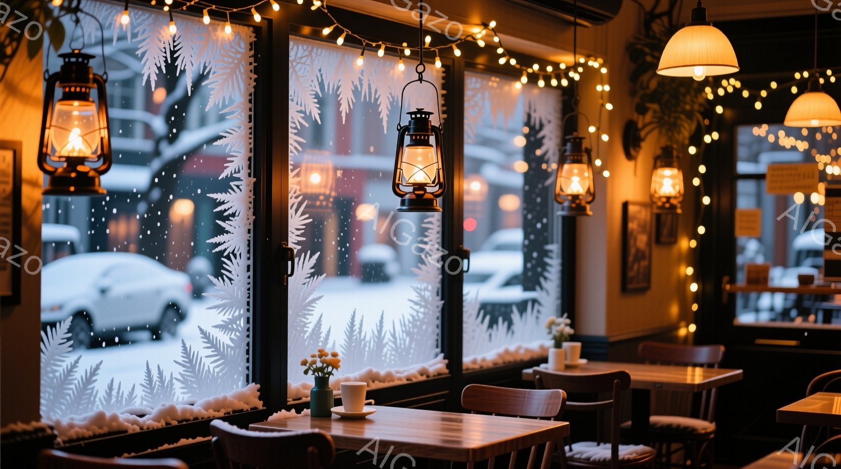 雪が降り積もる街並みを望むカフェの内部で、暖色の照明が灯っています。窓には雪の模様が描かれ、テーブルには白いクッションが置かれた木製の椅子と、花が飾られた小さな花瓶が置かれています。全体的に、静かで温 - AI生成フリー素材