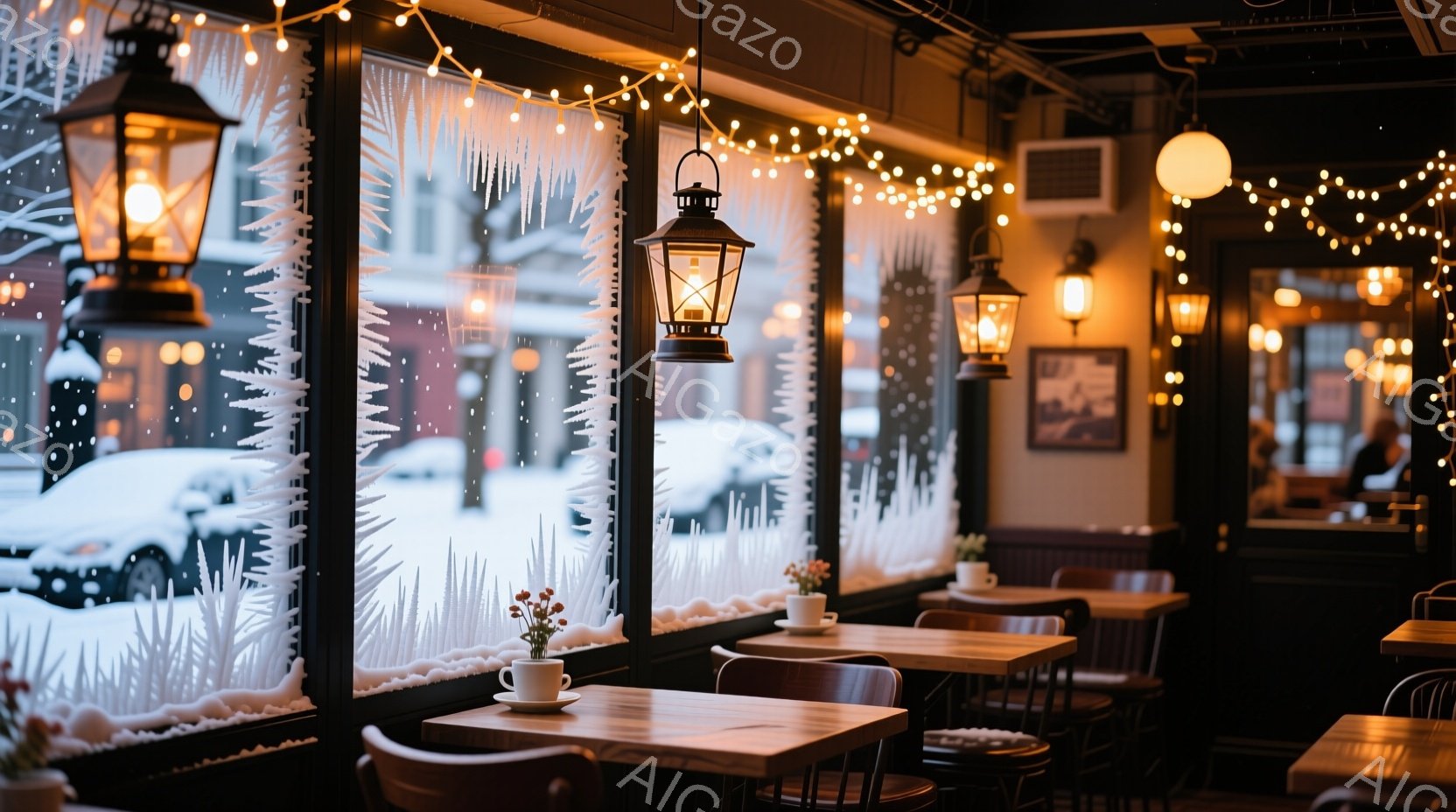暖炉のような灯りが窓辺に並んだテーブルを照らし、雪景色を背景にしたカフェの内部です。窓には雪の結晶が描かれ、クリスマスの飾り付けが施された電球が天井から吊り下げられています。木製の家具と温かい照明が、 - AI生成フリー素材