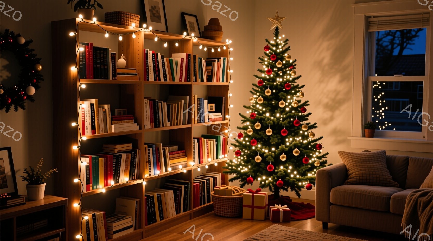 暖炉のそばに飾られたクリスマスツリーが、温かい光を放っている部屋です。本棚には様々な色の本が並び、部屋全体が落ち着いた雰囲気に包まれています。窓の外には夜景が広がり、クリスマスの飾り付けが窓から見える - AI生成フリー素材