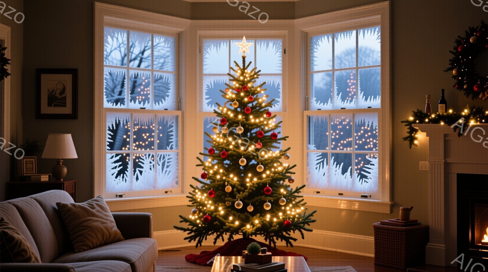 暖炉の火が灯り、クリスマスの飾り付けがされた居間です。大きな窓の外には雪景色が広がり、クリスマスのイルミネーションが室内を暖かく照らしています。クリスマスツリーは赤い敷物の上に置かれ、星形のオーナメン - AI生成フリー素材