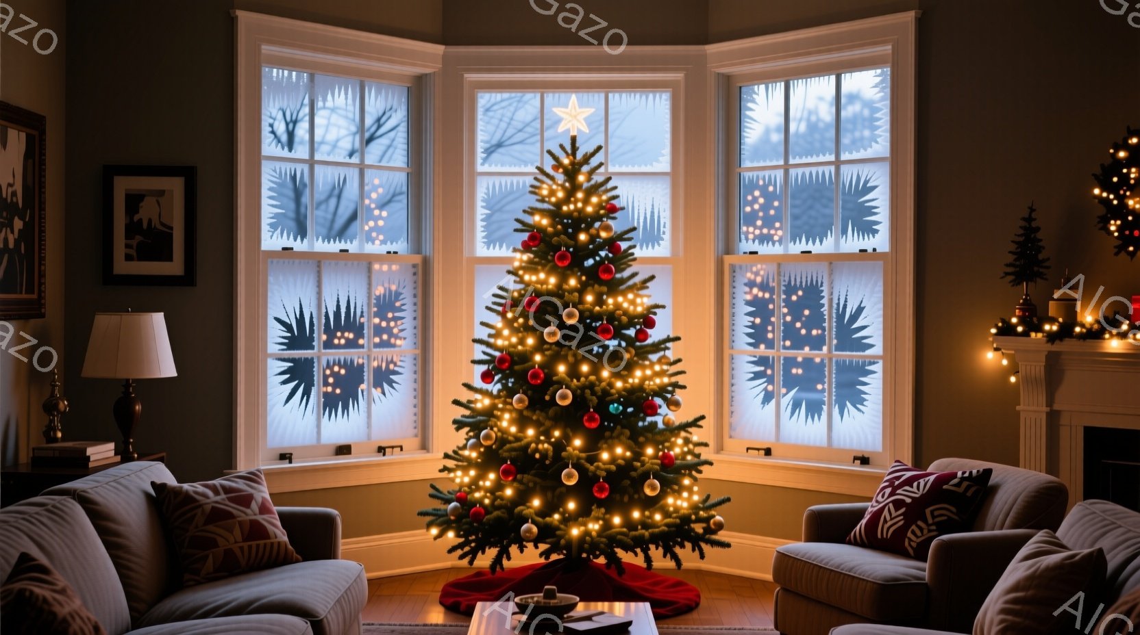 部屋にはクリスマスツリーが飾られており、窓の外は雪景色です。暖炉のそばには小さなクリスマスツリーが置かれ、部屋全体が温かい光で満たされています。ソファにはクッションが置かれ、クリスマスの静かで穏やかな - AI生成フリー素材