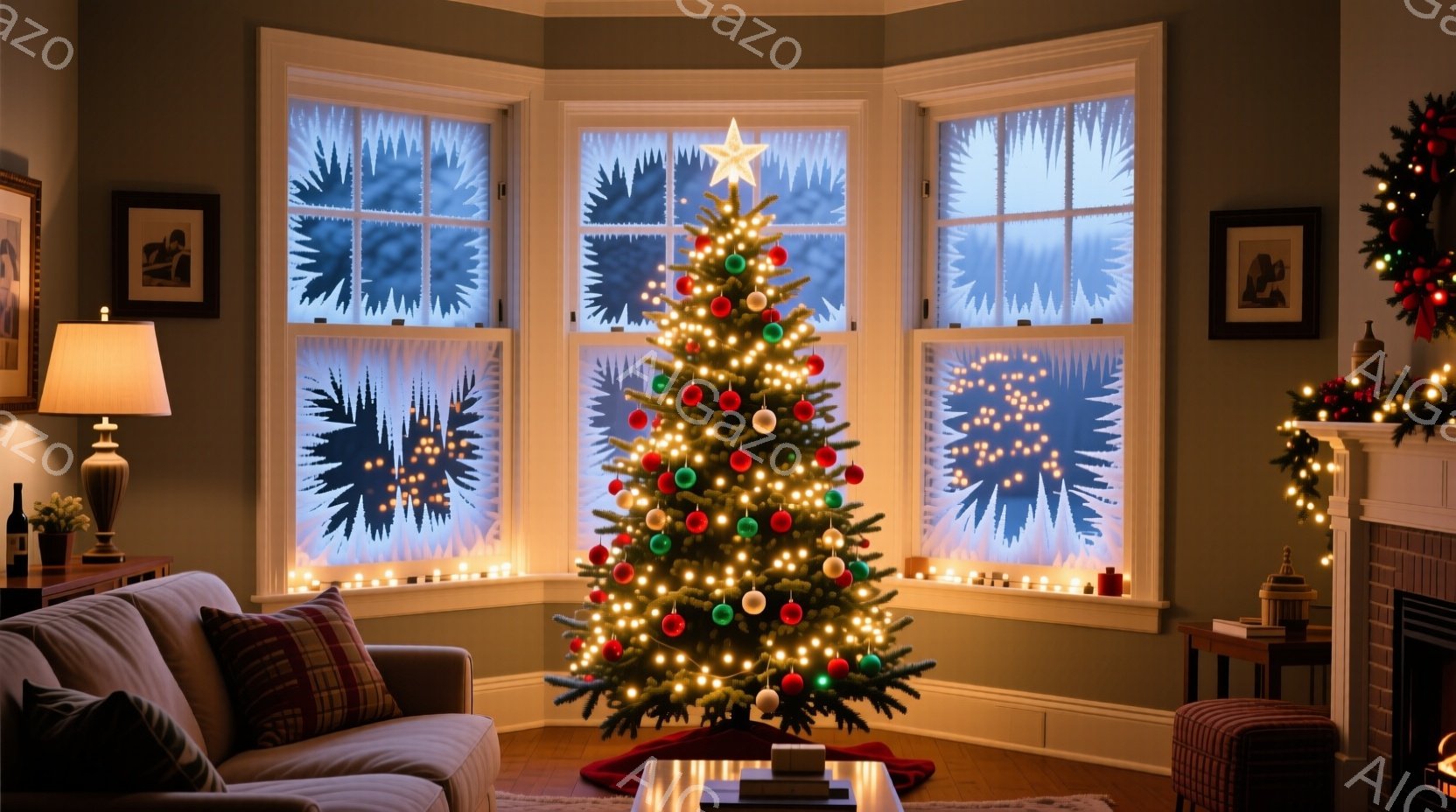暖炉と大きな窓のある居間には、飾られたクリスマスツリーが置かれています。窓の外は雪が降っており、部屋全体が温かく、心地よいクリスマスの雰囲気に包まれています。ツリーには様々なオーナメントと光が飾られ、 - AI生成フリー素材