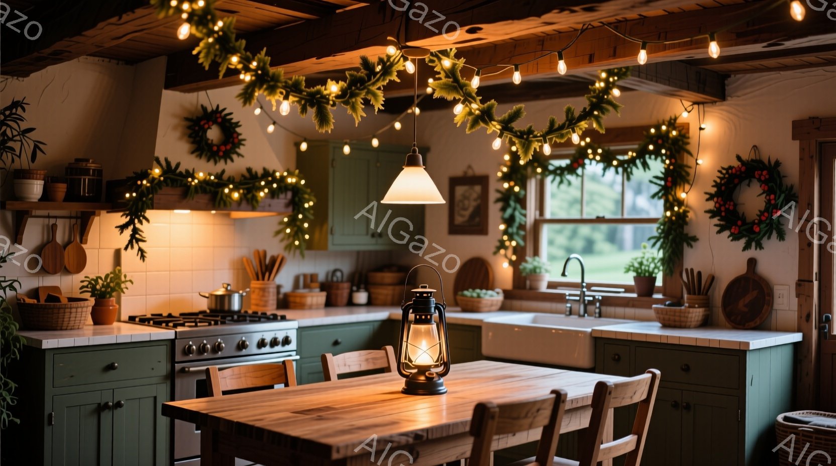 落ち着いた緑色のキャビネットと木製のテーブルが印象的なキッチンです。窓にはクリスマスリースが飾られ、天井からはイルミネーションと常緑樹のガーランドが吊るされています。暖炉のそばのテーブルにはアンティー - AI生成フリー素材