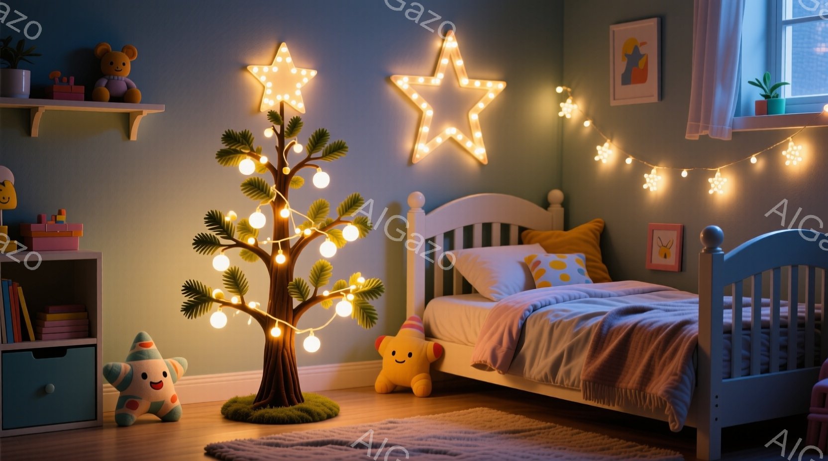 明るい青色の壁が特徴の子供部屋で、白いストライプのベッドと、星の形のライトが飾られています。部屋の隅には、電飾で飾られた木と、可愛らしいキャラクターのぬいぐるみがあり、温かく穏やかな雰囲気を醸し出して - AI生成フリー素材
