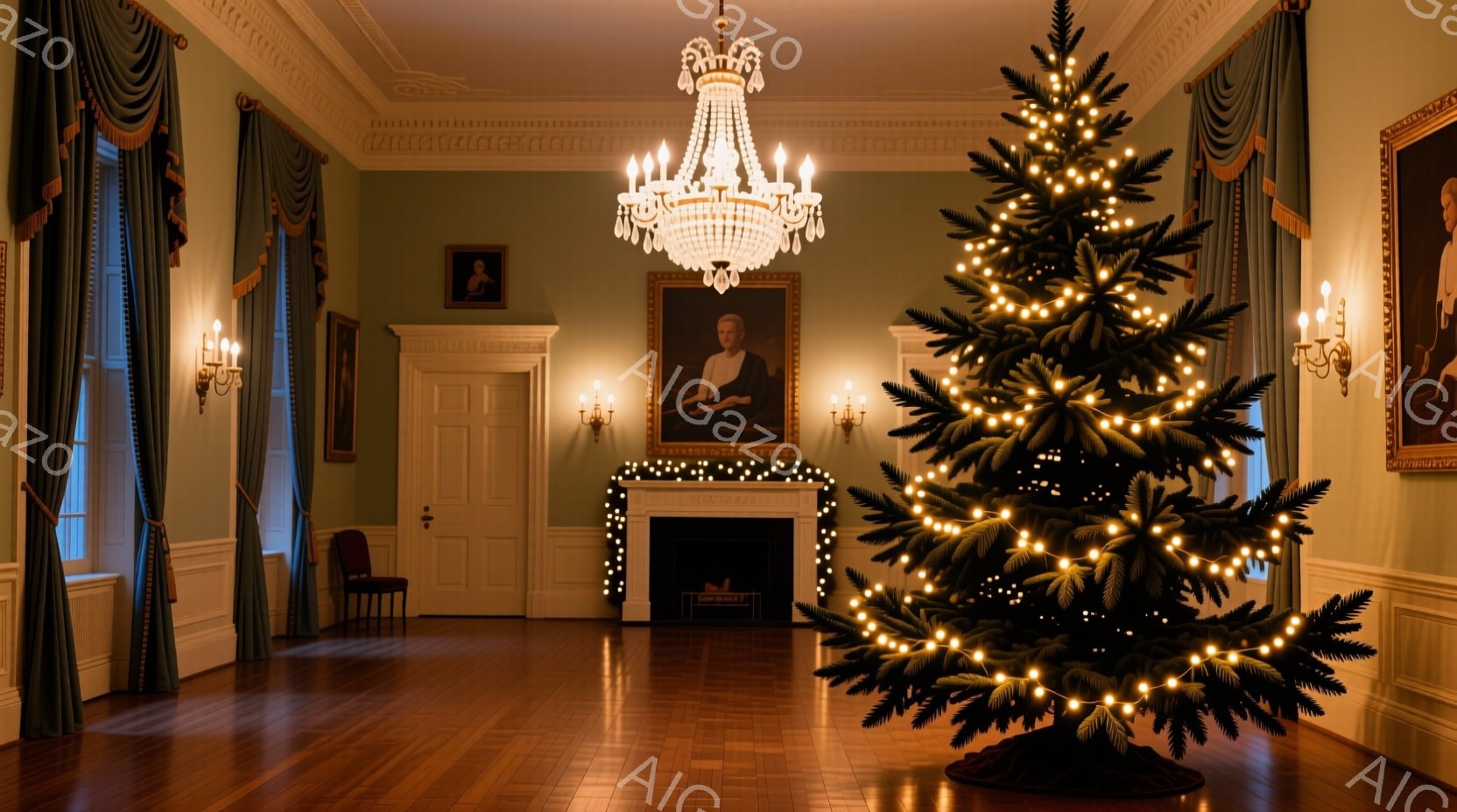 豪華な部屋の中心には、電飾で飾られた大きなクリスマスツリーが置かれている。部屋は落ち着いた緑色で彩られ、暖炉、肖像画、そして装飾的なシャンデリアがその雰囲気を高めている。床は磨かれた木製で、全体的にク - AI生成フリー素材