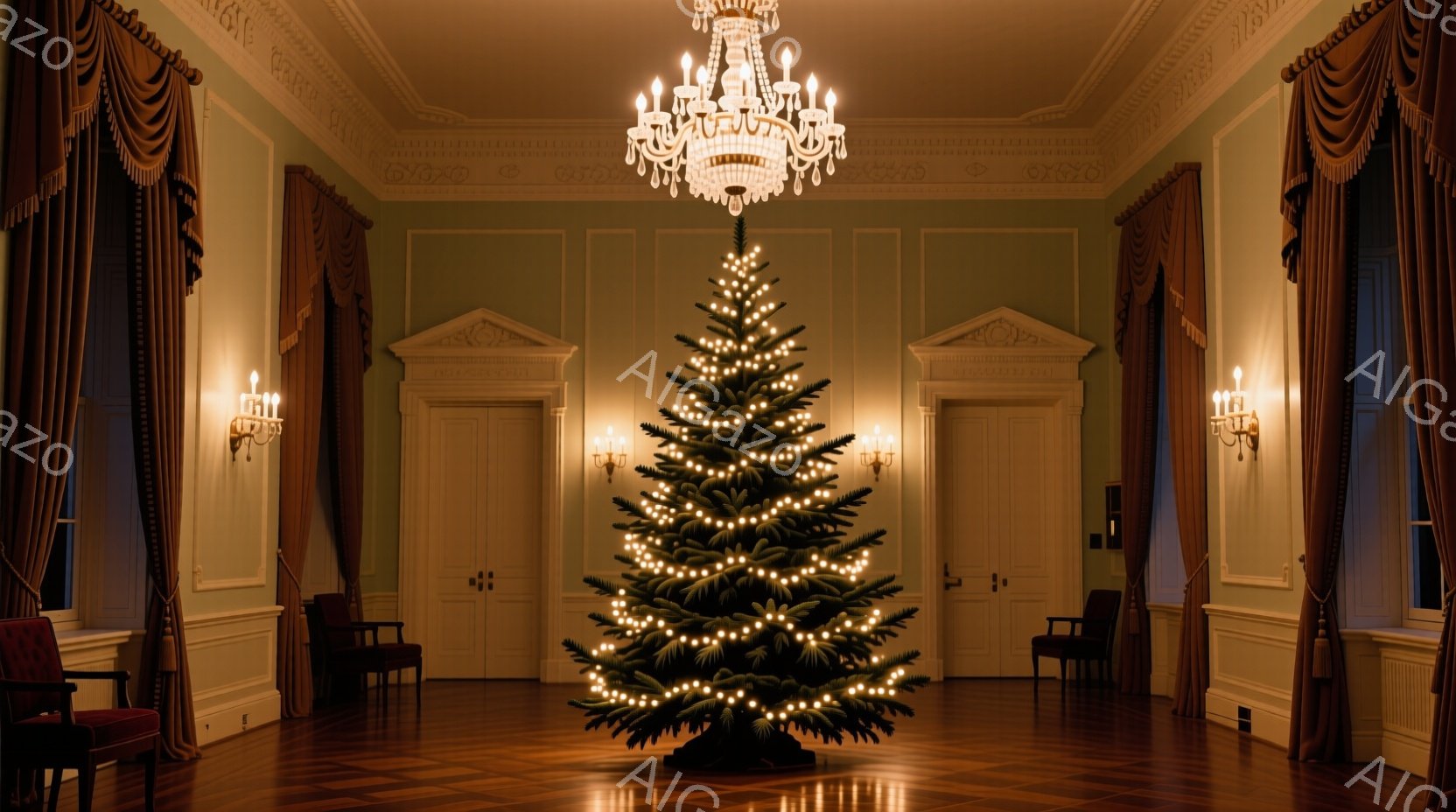 豪華な部屋の中央には、電飾で飾られた大きなクリスマスツリーが置かれています。壁は緑色で、部屋にはクラシックな椅子が配置され、シャンデリアが天井から吊り下げられています。全体的に、暖かく、華やかで、祝祭的な雰囲気が漂っています。