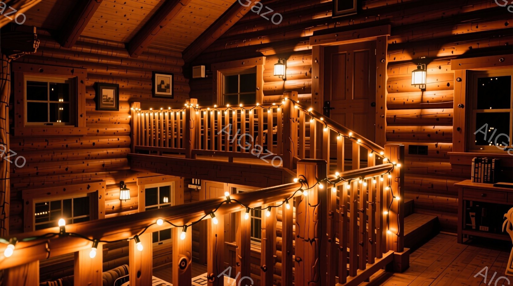広々とした木の内部空間が写っており、階段がライトで飾られています。暖色系の照明と木製の壁、天井が落ち着いた雰囲気を醸し出しており、窓からは暗闇の中にぼんやりとした光が見えます。全体的に、温かく居心地の - AI生成フリー素材