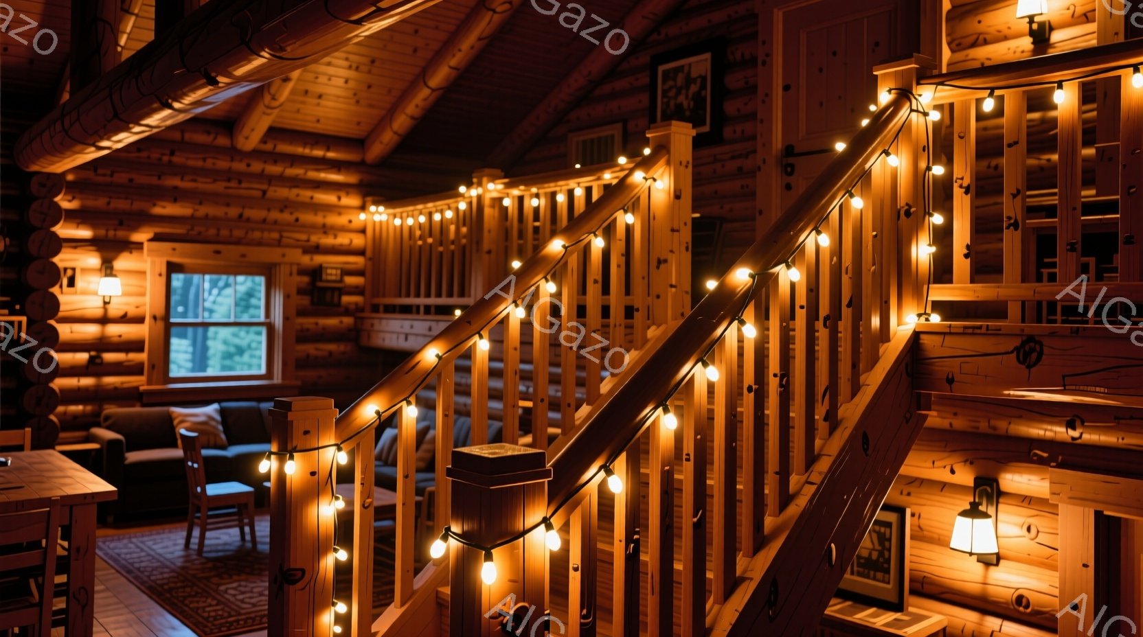 暖炉のある居間は、雪景色を背景にした温かく居心地の良い空間です。茶色のソファと木製のコーヒーテーブルには、暖炉の光が柔らかく反射しており、静かで穏やかな雰囲気を醸し出しています。壁には絵画が飾られ、窓 - AI生成フリー素材