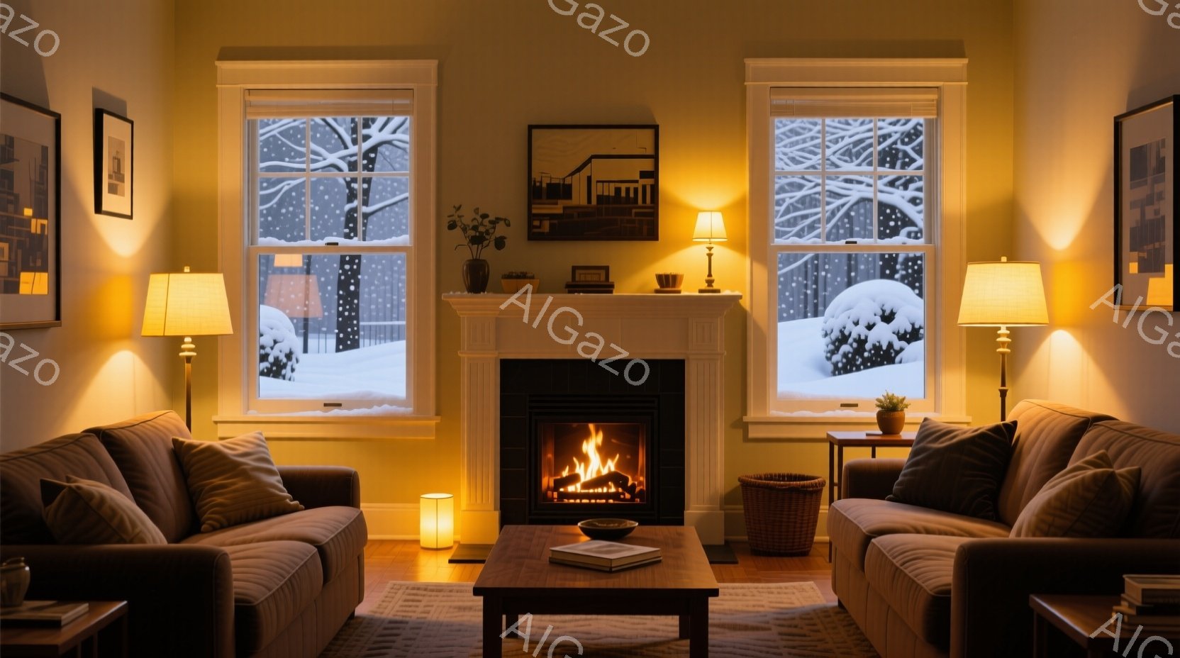 暖炉の火が燃え盛る居間は、窓の外に雪景色が広がる冬の風景を見渡せる温かい空間です。茶色のソファと木のコーヒーテーブル、そして壁に飾られた絵画が落ち着いた雰囲気を醸し出しています。明るいランプや暖炉の光 - AI生成フリー素材