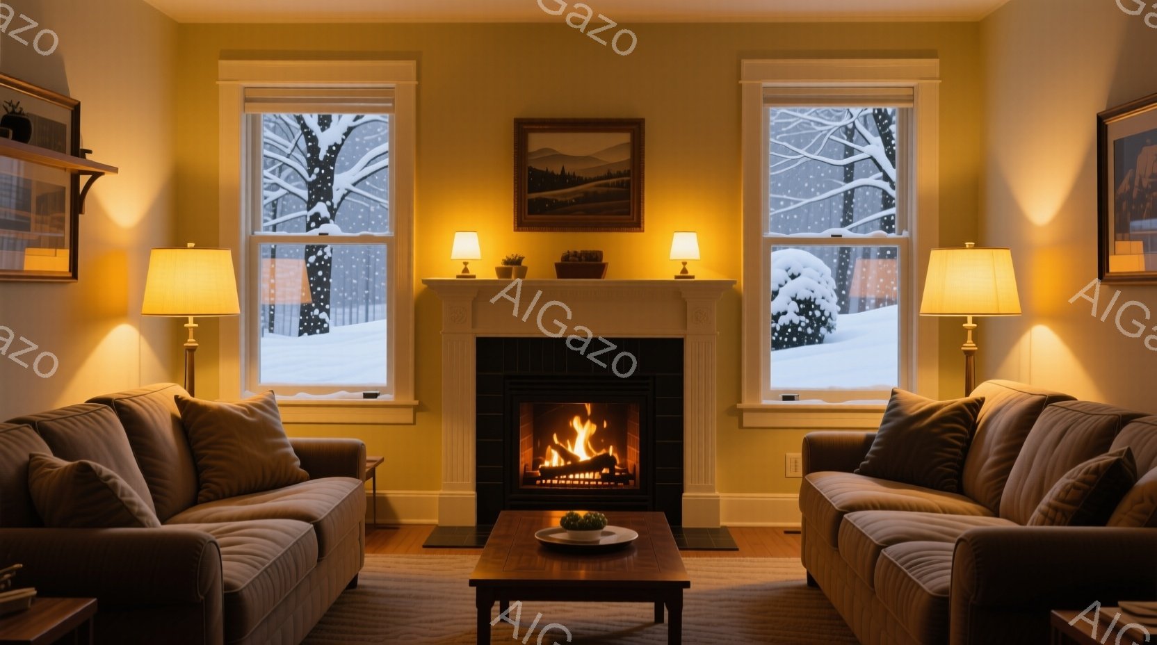 暖炉のある居間には、2つの茶色のソファが配置され、その間には木製のコーヒーテーブルが置かれています。窓の外は雪景色で、木々は雪に覆われ、冬の静寂が感じられます。暖炉の火が部屋を暖かく照らし、落ち着いた - AI生成フリー素材