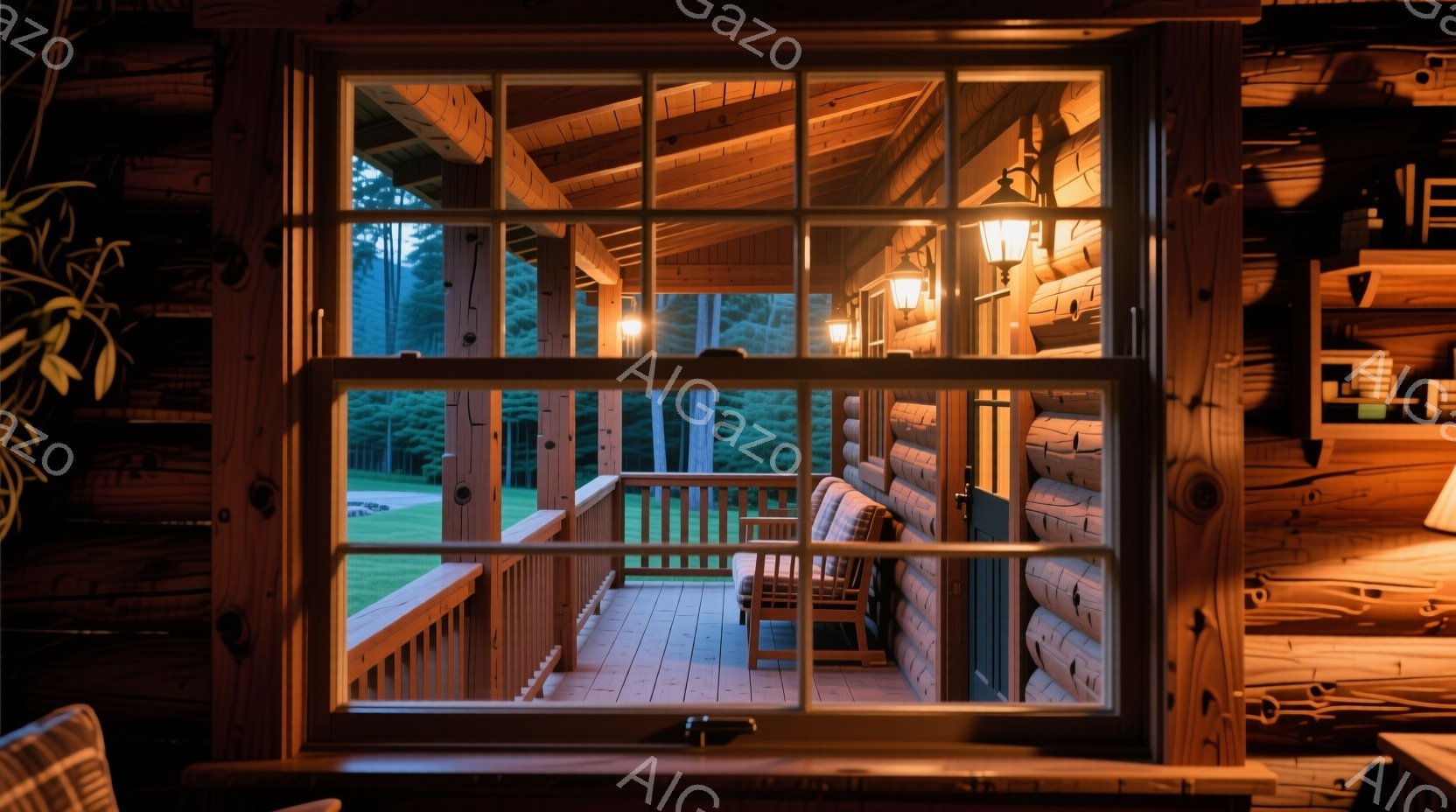 広大な緑の庭園と木々を見下ろす、ログハウスのベランダが窓枠を通して見える。ベランダには揺り椅子と装飾的な照明が設置され、リラックスできる空間を演出している。夕暮れ時の穏やかな光が木造の構造と自然の緑を - AI生成フリー素材