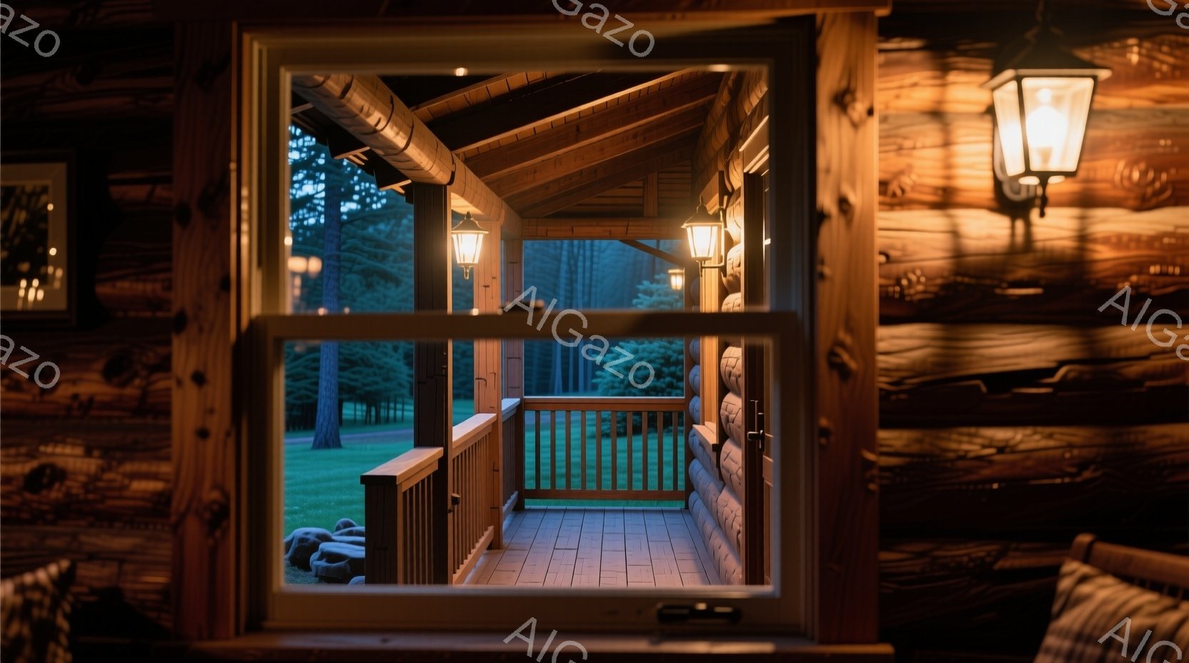 ログハウスの窓から、夕暮れ時の庭とベランダが望める、温かく落ち着いた風景が広がっている。ベランダには、暗闇の中に輝く電灯が設置されており、木製の柵と緑豊かな芝生が印象的だ。全体的に、静寂で穏やかな、自 - AI生成フリー素材