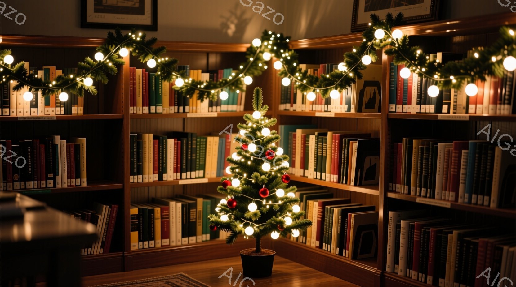 本棚に囲まれた空間には、小さなクリスマスツリーが飾られています。ツリーは赤いオーナメントで飾られ、暖色のライトが優しく照らしています。本棚に巻き付けられた緑のガーランドとライトが、落ち着いた暖かく、お - AI生成フリー素材