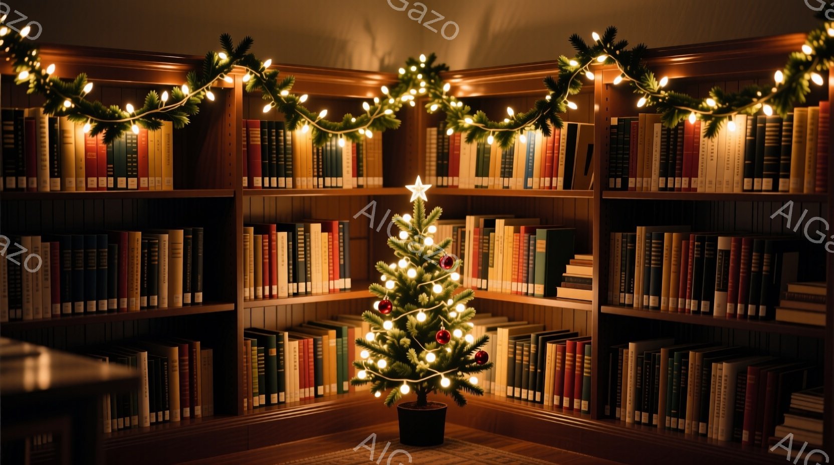 部屋の角に置かれた小さなクリスマスツリーが印象的な画像です。ツリーは黒い植木鉢に植えられ、星の飾りが輝いています。背景には、たくさんの本が並んだ本棚があり、温かく、落ち着いた雰囲気を醸し出しています。 - AI生成フリー素材