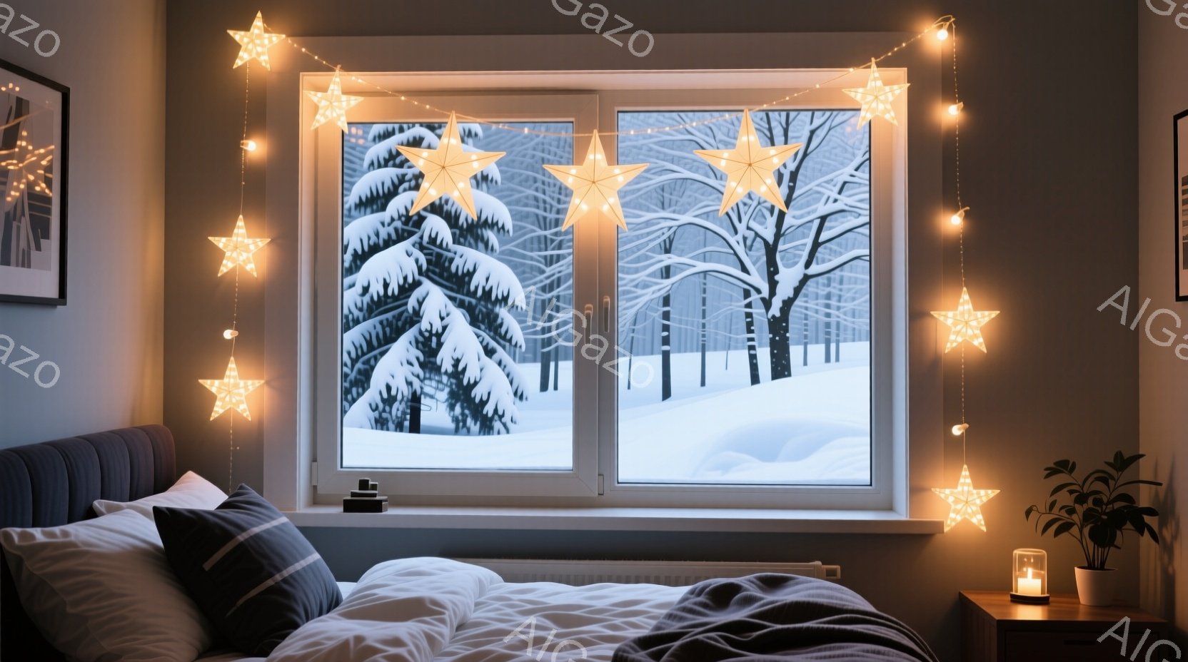 窓の外には雪景色が広がり、木々が雪に覆われている。室内には、グレーのベッドと枕があり、ベッドの上には黒いブランケットがかけられている。暖かい光を放つ星形のイルミネーションが窓辺を飾り、冬の静かで穏やか - AI生成フリー素材