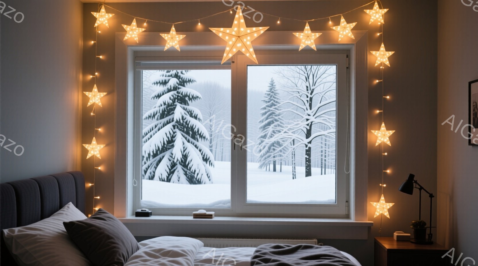 窓の外には雪に覆われた静かな森が広がり、室内には温かい光が差し込んでいる。ベッドはグレーのヘッドボードで縁取られ、白いリネンが敷かれており、クリスマスの飾りである星形のライトが窓辺に飾られている。全体的に、冬の穏やかさと安らぎを感じさせる、温かく居心地の良い空間が表現されている。
