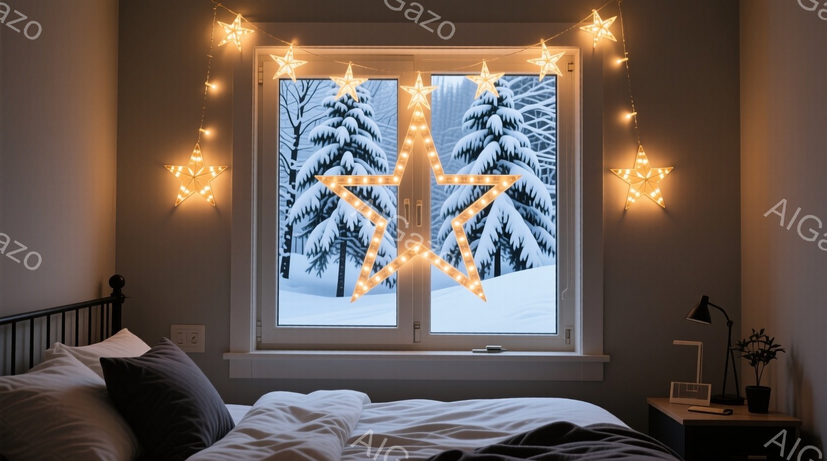 窓辺には、雪景色を模した背景と星形のイルミネーションライトが飾られており、冬の静寂な雰囲気を演出しています。ベッドは白く整えられ、そばにはランプと植物が置かれ、落ち着いた空間を作り出しています。全体と - AI生成フリー素材