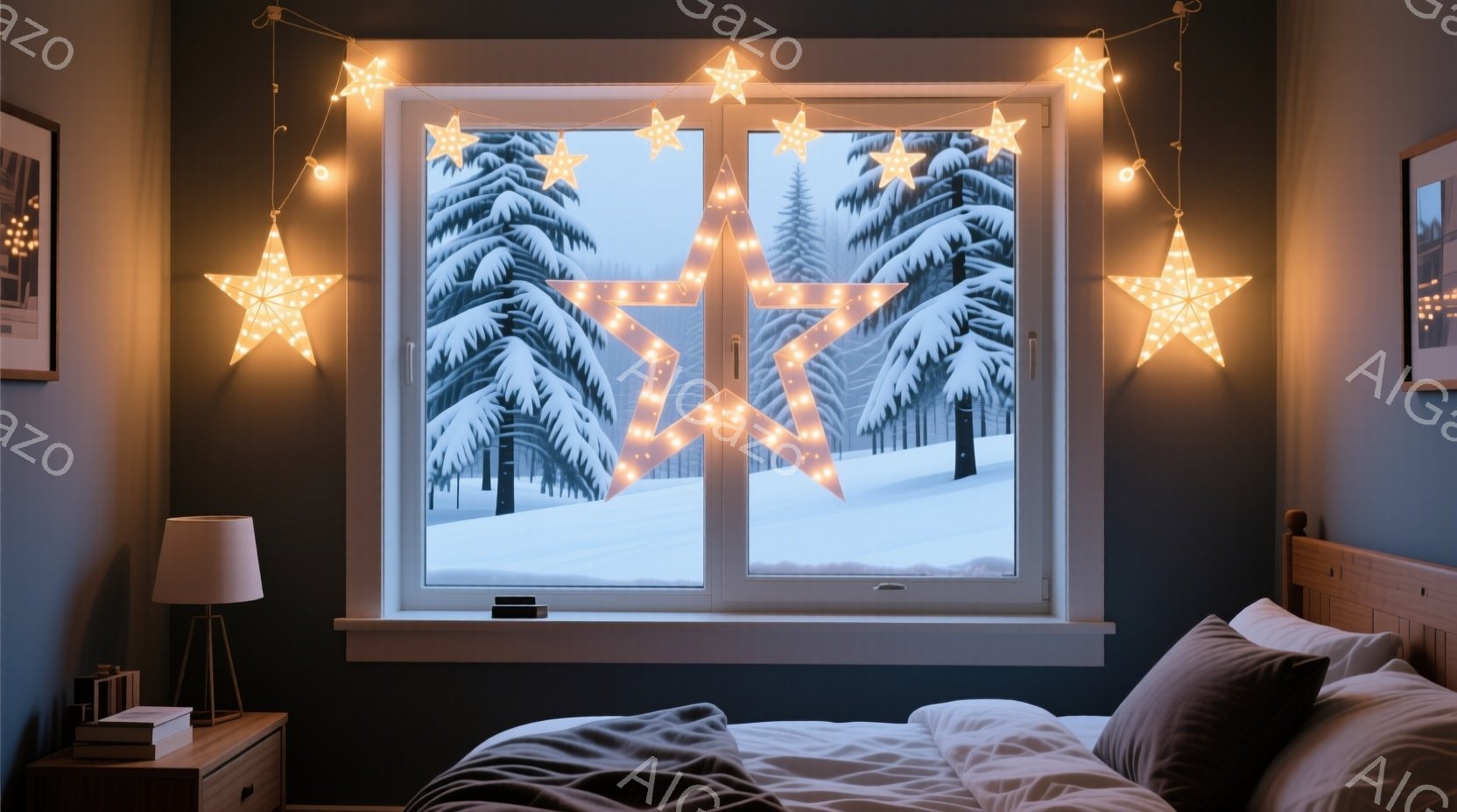 部屋は深いグレーの壁で飾られ、雪景色を臨む窓が印象的です。窓辺には星形のライトが飾られ、ベッドはグレーの寝具に覆われています。暖かく穏やかな雰囲気で、冬の夜の静けさを感じさせる室内です。 - AI生成フリー素材