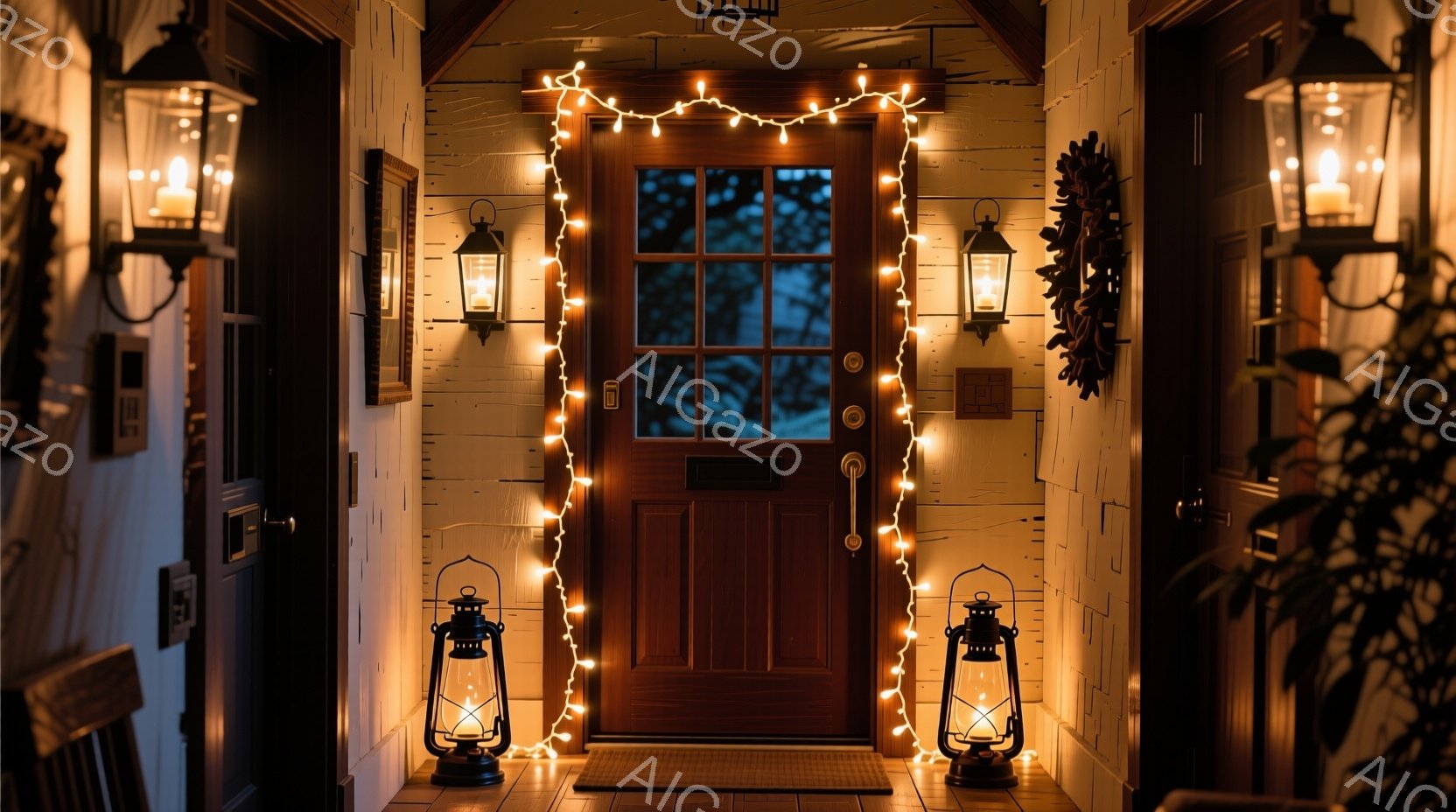 古い木造のポーチに、暖色のフェアリーライトがドア枠を飾り、趣のある雰囲気を醸し出しています。左右にはアンティーク調のランタンが置かれ、ポーチの壁は木製の板張りで、全体的に温かく落ち着いた印象を与えます - AI生成フリー素材
