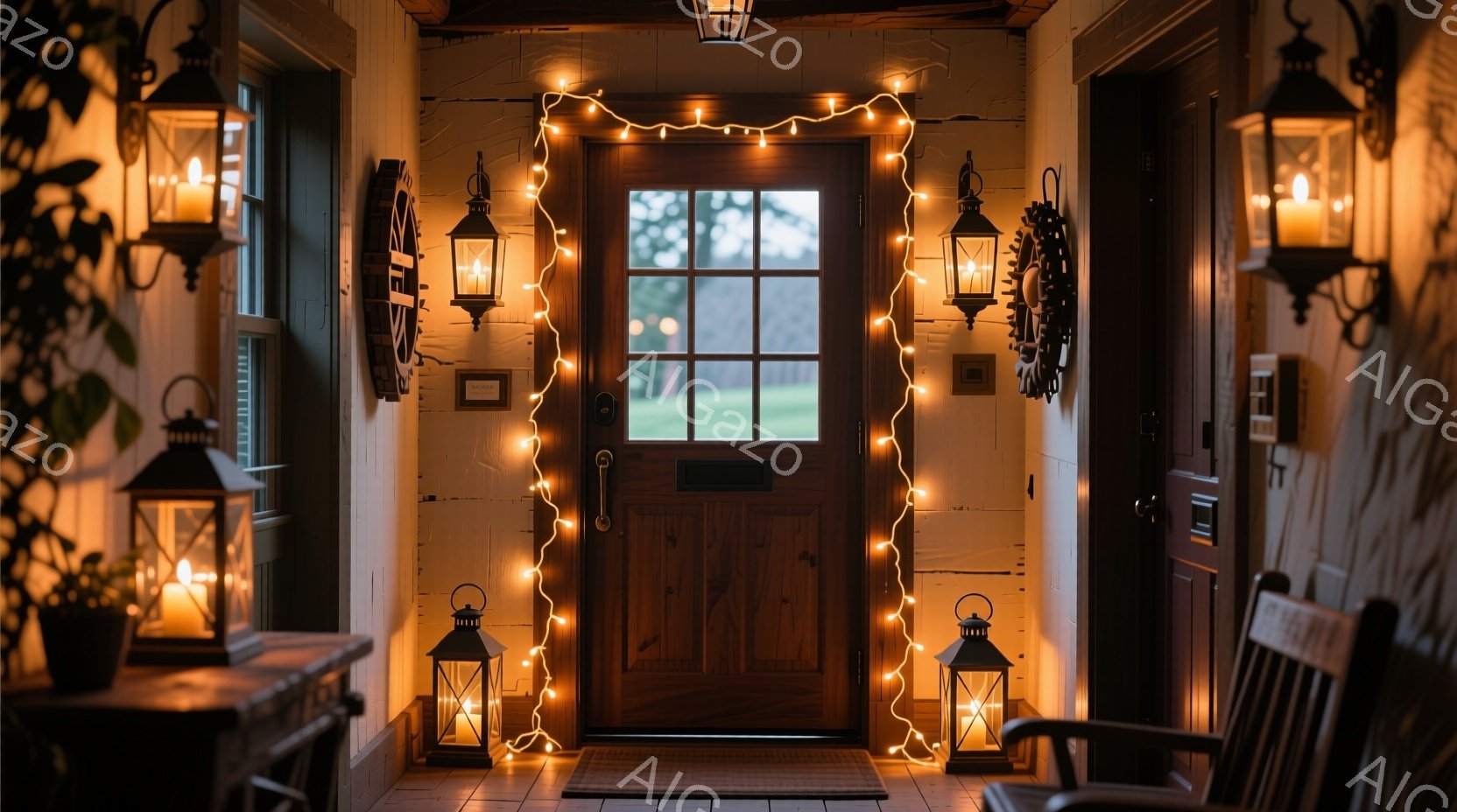 温かい光で飾られた玄関が写っています。木製のドアは、小さなランタンと電飾で暖かく照らされ、秋の訪れを感じさせます。背景には緑豊かな風景が広がり、穏やかで落ち着いた雰囲気を醸し出しています。