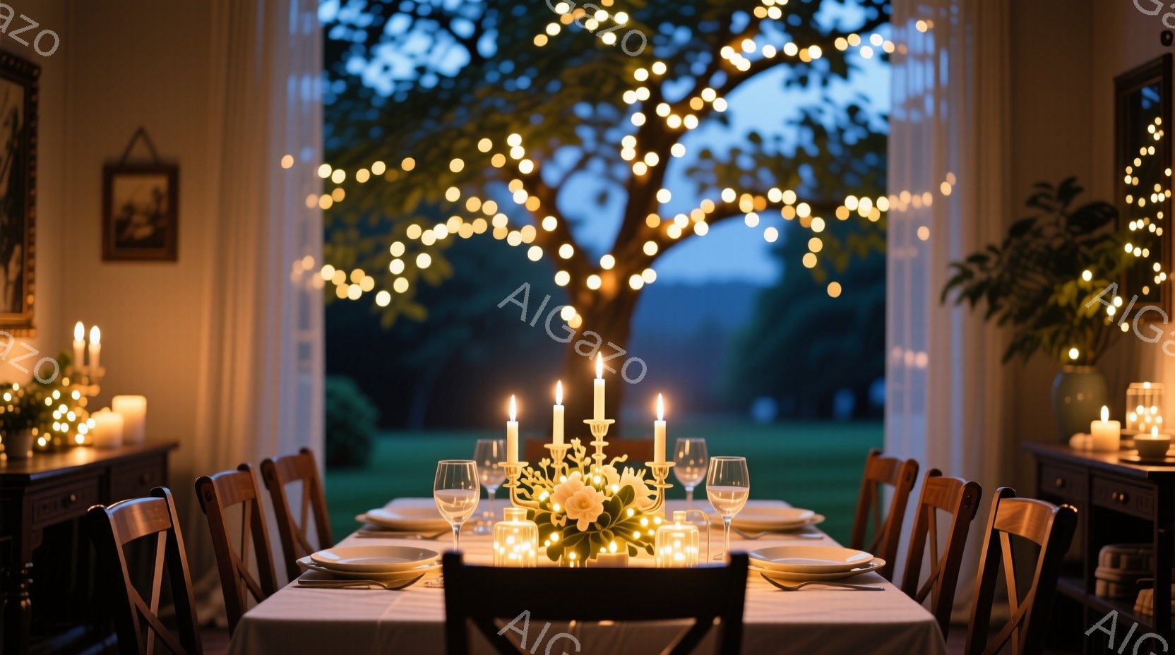 白いテーブルクロスが敷かれたダイニングテーブルは、キャンドルと花で華やかに飾られ、食事が用意されているようだ。背景には、イルミネーションで彩られた大きな木が見え、夕暮れ時の穏やかな雰囲気を醸し出してい - AI生成フリー素材