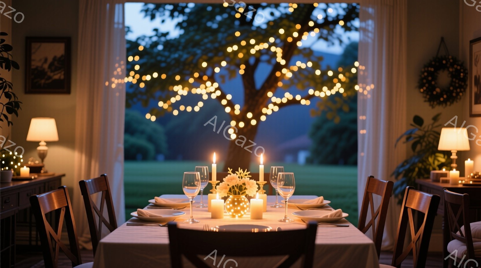 窓の外には、ライトアップされた木と緑豊かな庭園が広がり、穏やかな夕暮れ時の風景が広がっています。ダイニングテーブルには、キャンドル、グラス、皿が美しく配置され、ロマンチックで温かい雰囲気を醸し出してい - AI生成フリー素材
