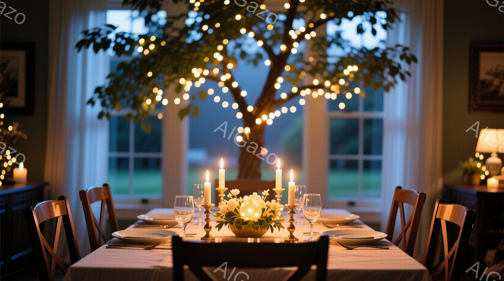 ダイニングルームのテーブルは白亜のテーブルクロスで覆われ、複数のキャンドルと花が飾られています。背景には、ライトで飾られた大きな木と、夕暮れ時の穏やかな風景が広がり、落ち着いた暖かい雰囲気を醸し出して - AI生成フリー素材