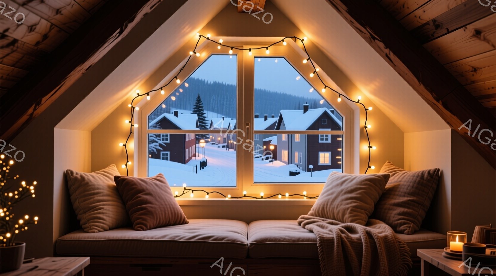 傾斜した屋根裏部屋の窓辺には、ふわふわのクッションが置かれたベンチがあり、暖かい光が差し込んでいます。窓の外には雪景色が広がり、小さな家々が静かに並び、冬の穏やかな雰囲気が漂っています。ベンチの上には - AI生成フリー素材