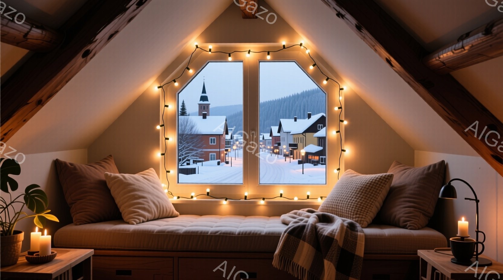 勾配のある屋根窓のそばには、枕を重ねた居心地の良いベンチがあり、暖かい光のストリングライトで飾られています。窓の外には雪に覆われた静かな村が広がり、遠くには緑の山々が連なっています。 室内にはキャンド - AI生成フリー素材