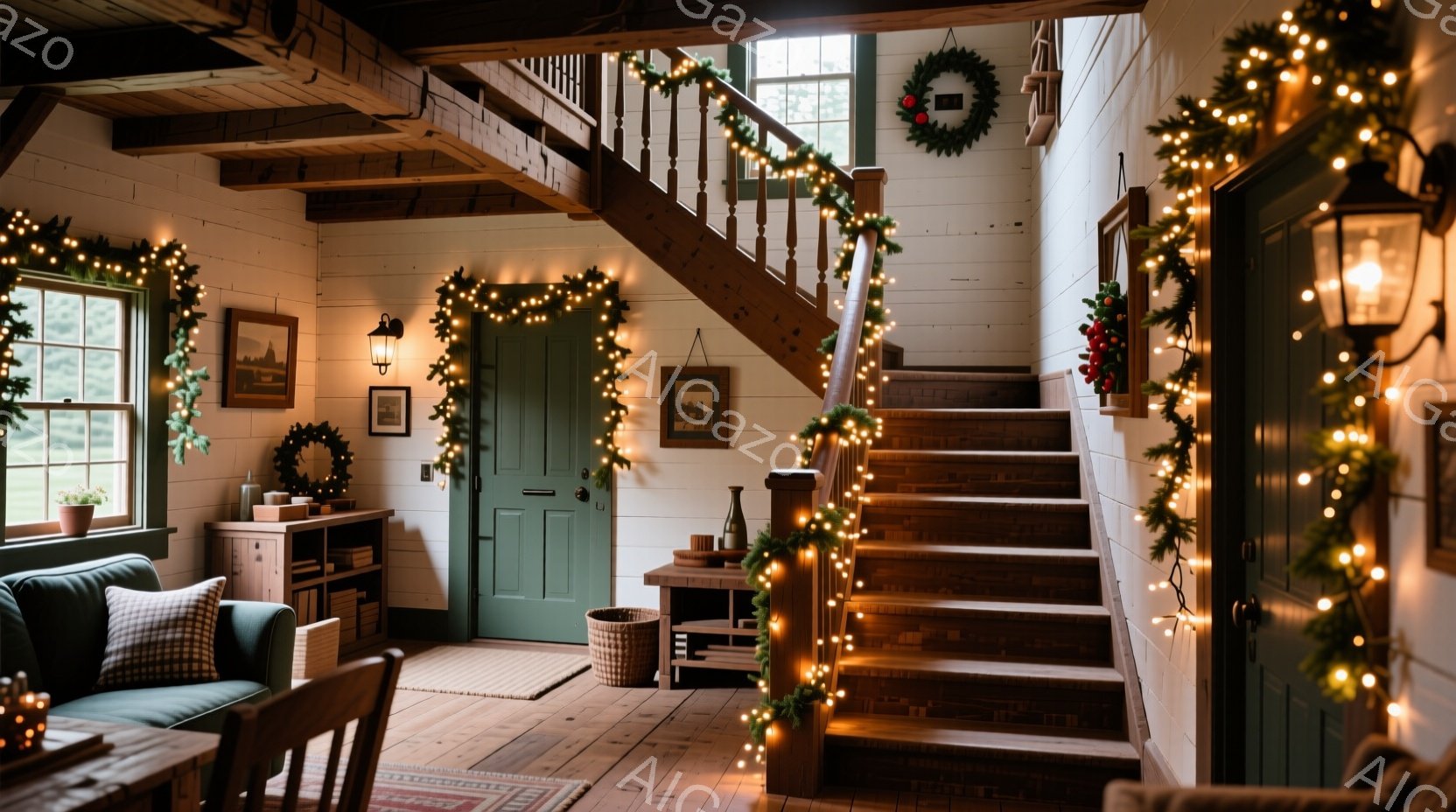 暖炉のある木の家の中は、クリスマス装飾で華やかに飾られています。階段の手すりと壁には、緑の葉と温かい光のイルミネーションが飾られ、ホリデーシーズンを祝福しています。暖かく居心地の良い雰囲気で、木製の家 - AI生成フリー素材