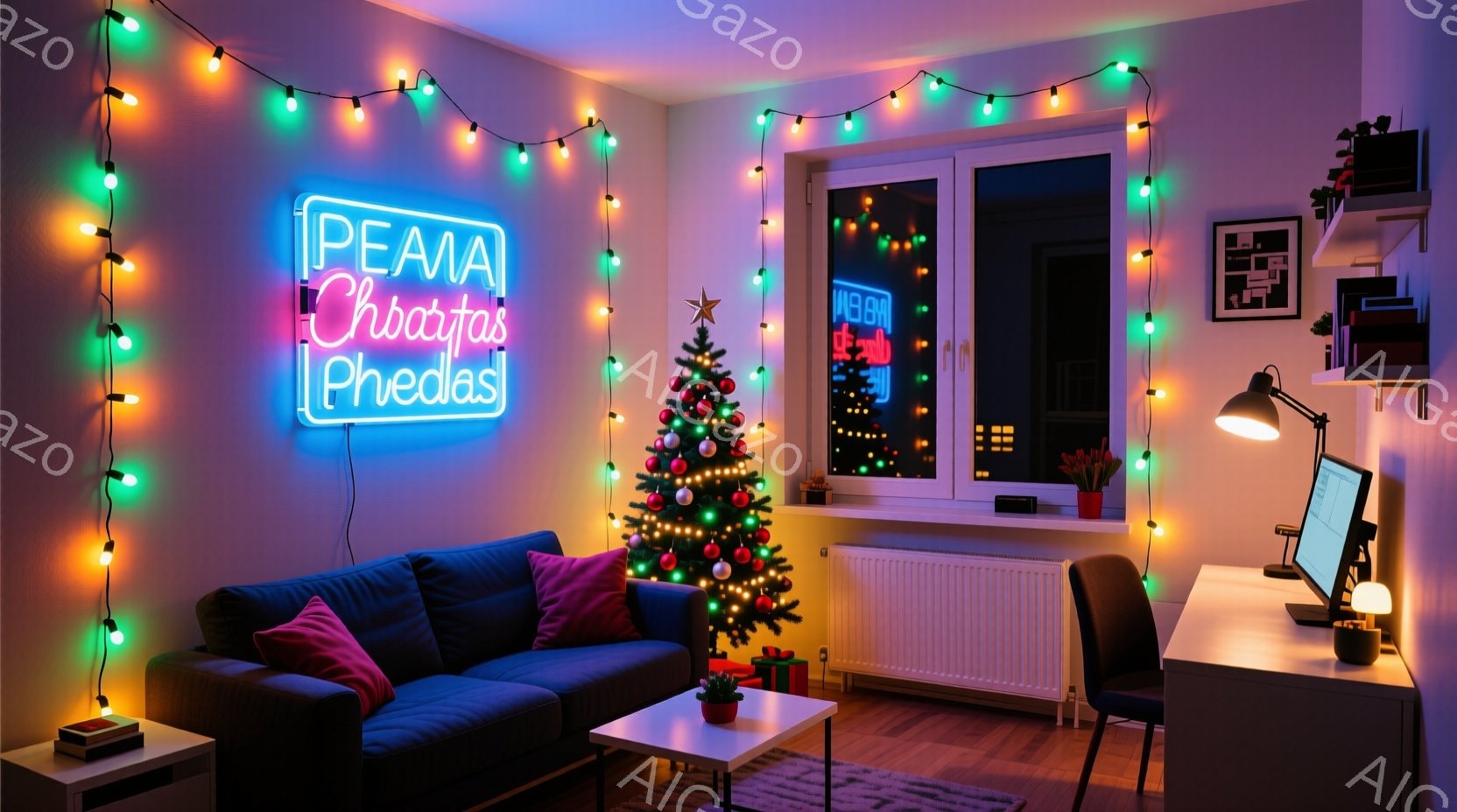 室内はクリスマス装飾で彩られ、深い青色のソファ、赤色のクッション、そして明るい緑色のクリスマスツリーが置かれています。窓の外には夜景が見え、部屋全体が暖かい光とカラフルなイルミネーションで包まれていま - AI生成フリー素材