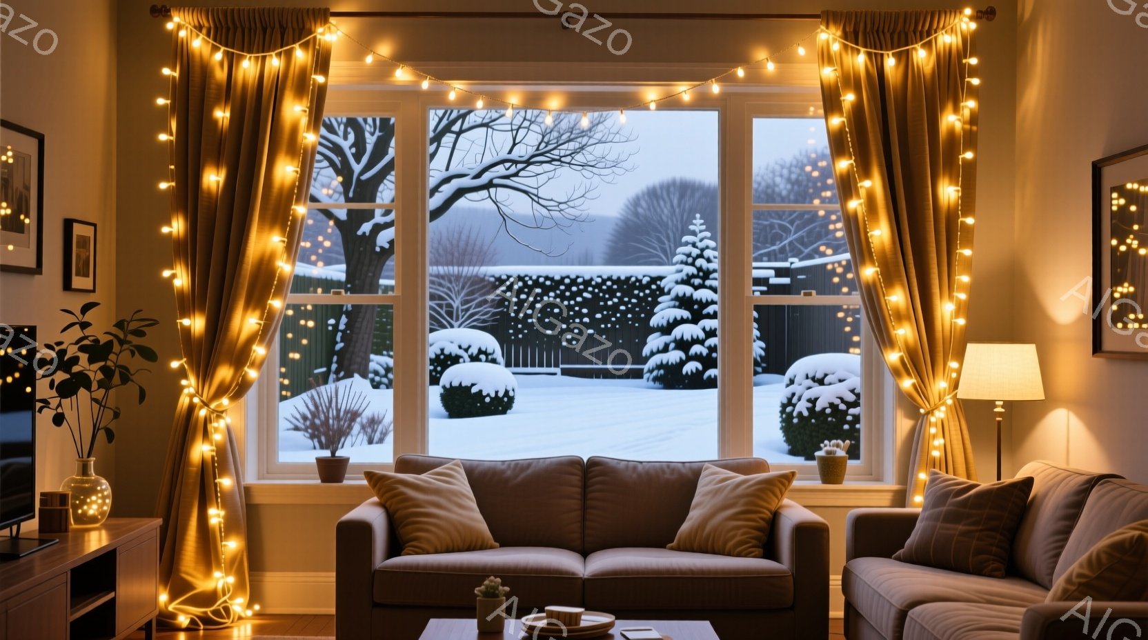 窓の外は雪景色で、庭の木々や茂みが雪に覆われている。室内は温かい光に包まれ、クリーム色のソファと装飾的な枕が置かれ、リラックスできる雰囲気が漂う。窓枠に飾られた温かい色のイルミネーションライトが、室内 - AI生成フリー素材