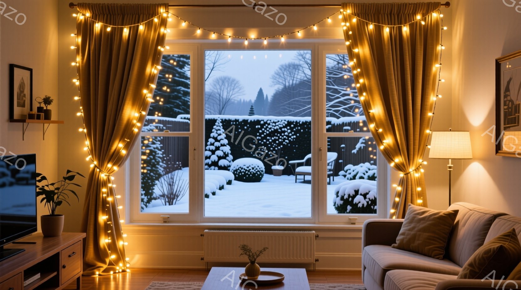 窓の外には雪景色が広がり、庭の木々や茂みが白い雪に覆われている。室内は暖炉の光と電飾の温かい光で照らされ、茶色のカーテンとベージュのソファが落ち着いた雰囲気を醸し出している。リビングには小さなテーブル - AI生成フリー素材