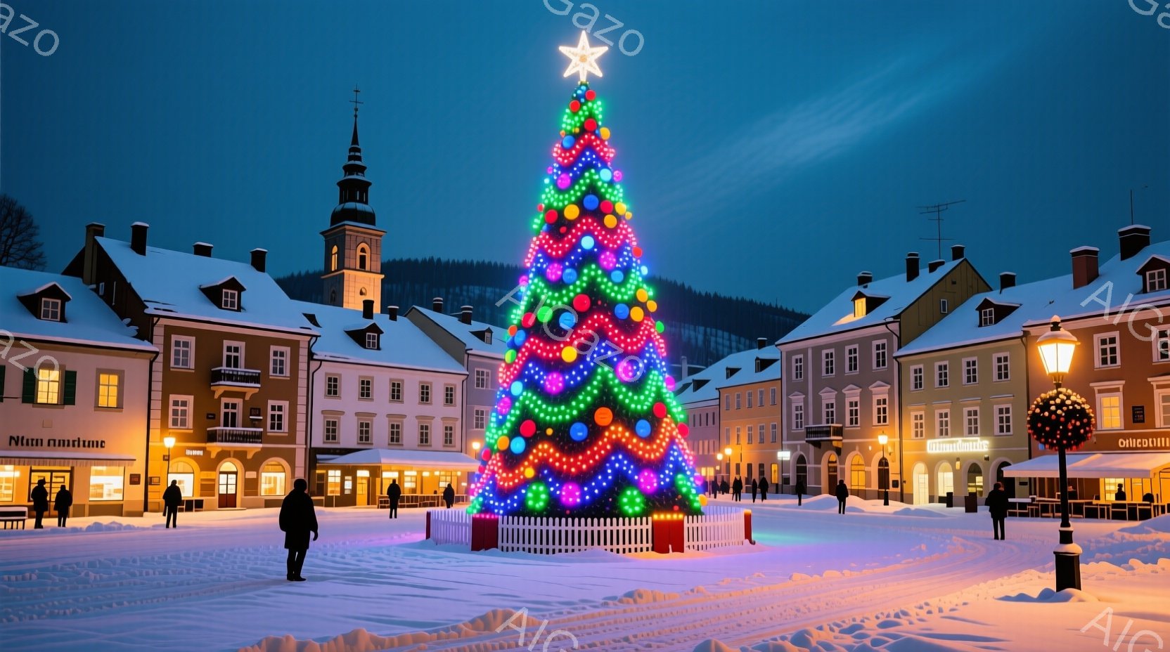 雪に覆われた広場の中央に、色とりどりのライトで飾られた巨大なクリスマスツリーがそびえ立っている。周囲には石造りの建物が立ち並び、人々は冬の装いで散歩を楽しんでいるようだ。夜空は暗く、雪の光とツリーの輝 - AI生成フリー素材