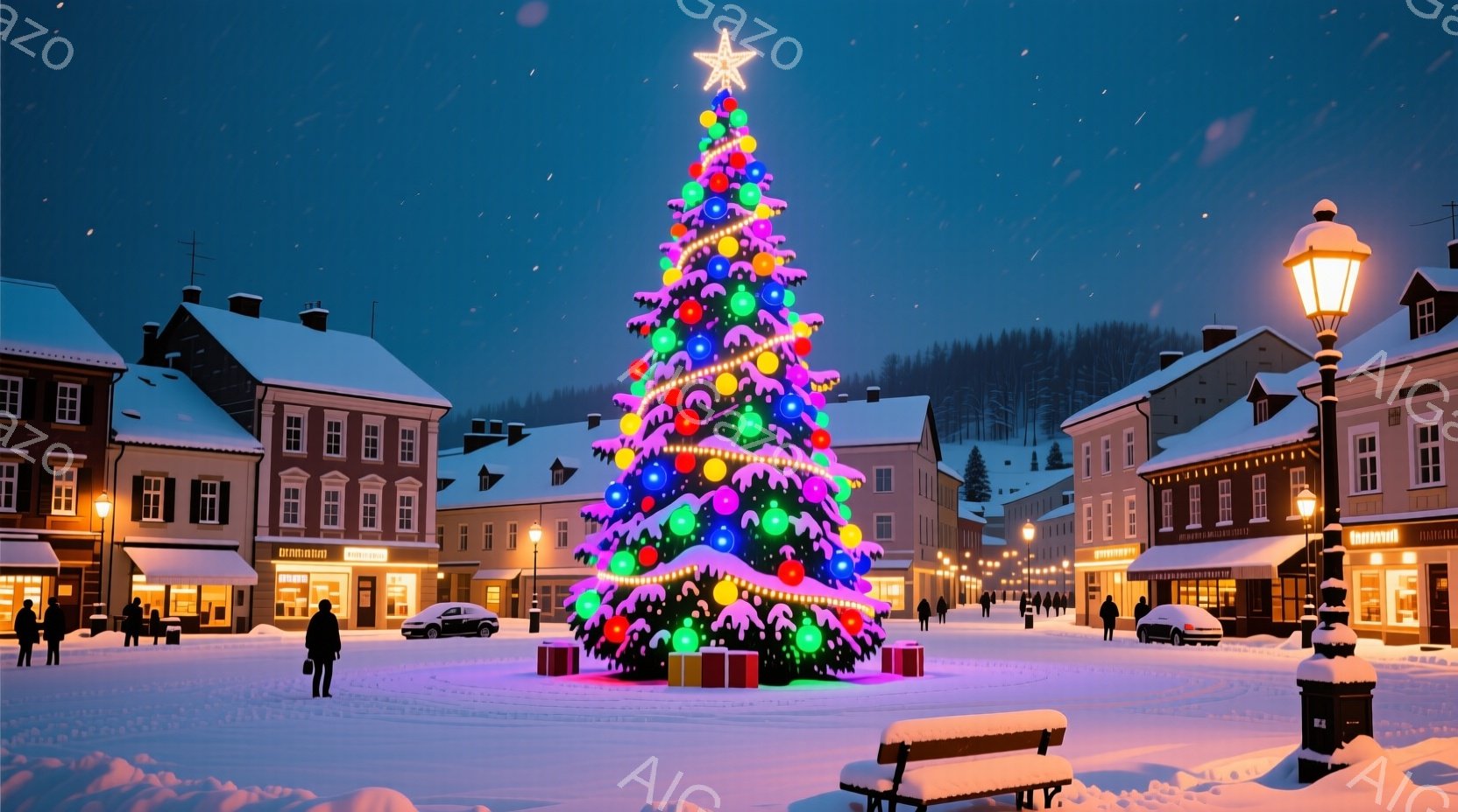広場の中央には、色とりどりのイルミネーションで飾られた巨大なクリスマスツリーが聳え立っており、その周りにはプレゼントボックスが置かれている。雪が降り積もる中、建物はヨーロッパ風の様式で、人々は冬のコー - AI生成フリー素材