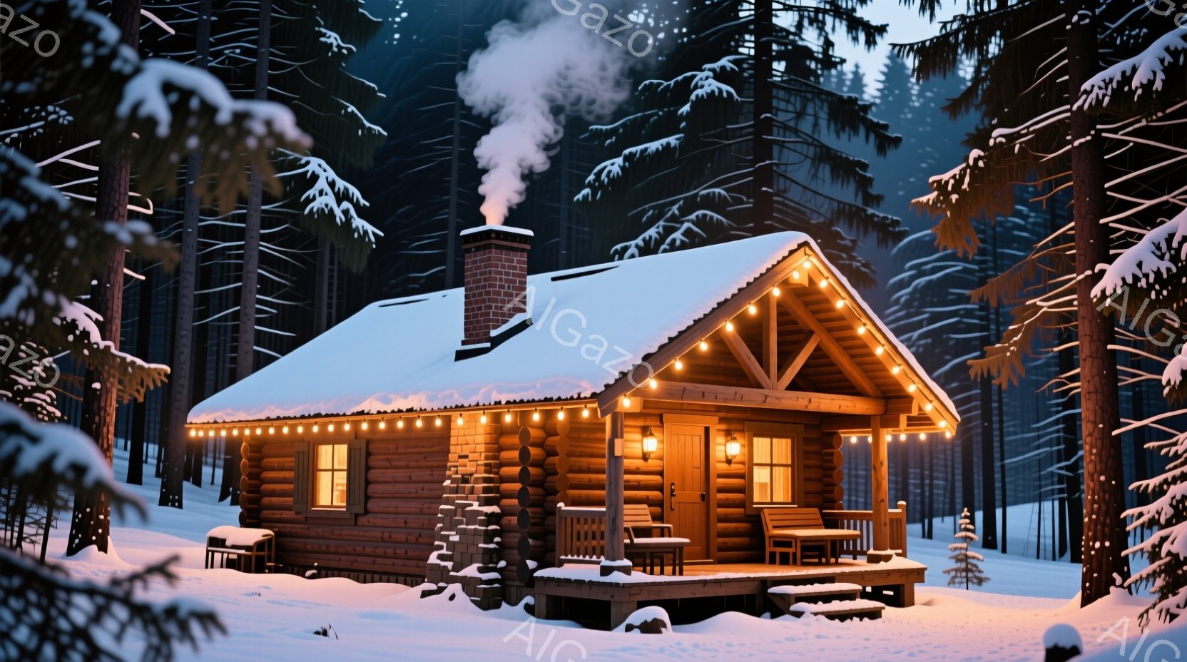 雪に覆われた丸太小屋が、森の中で温かい光を放っている。屋根には雪が積もり、煙突からは湯気が立ち上り、クリスマスのイルミネーションが小屋を縁取っている。背景には雪に覆われた針葉樹林が広がり、冬の静寂と安らぎを感じさせる。