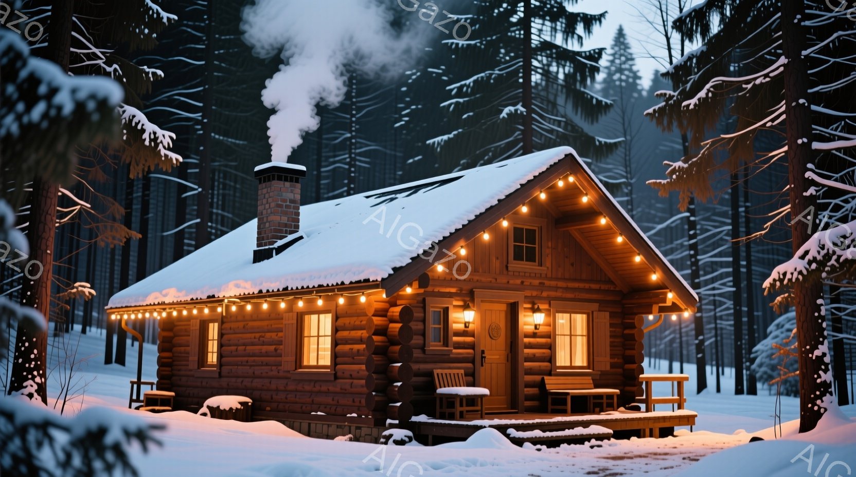 雪に覆われた丸太小屋が、暗い針葉樹林の中に佇んでいます。屋根からは煙が立ち上り、暖炉で火が焚かれていることを示し、暖かい光が窓と家の周りに飾られた電球から放たれています。雪深い森の静寂と、小屋から漏れる温かい光が、心地よい冬の雰囲気を醸し出しています。