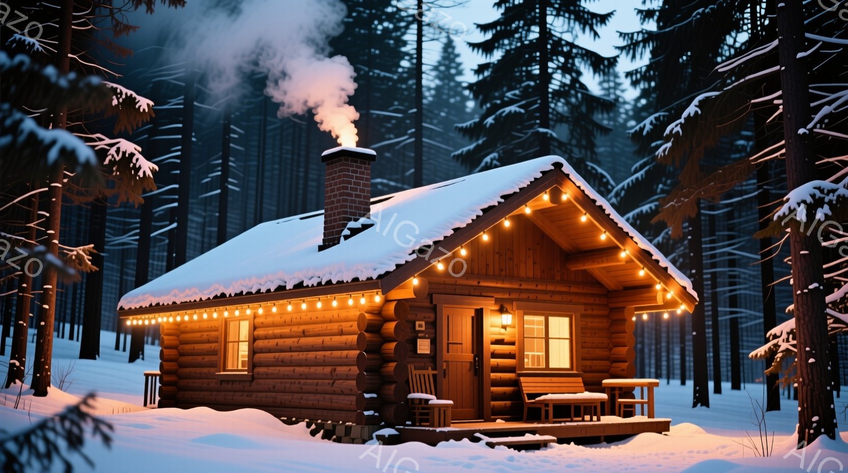 雪に覆われた丸太小屋が、暖かな光を放っている。屋根には雪が積もり、煙突からは湯気が立ち上り、クリスマスの飾り電球が小屋を明るく照らしている。背景には針葉樹林が立ち並び、静かで幻想的な冬の風景を作り出し - AI生成フリー素材