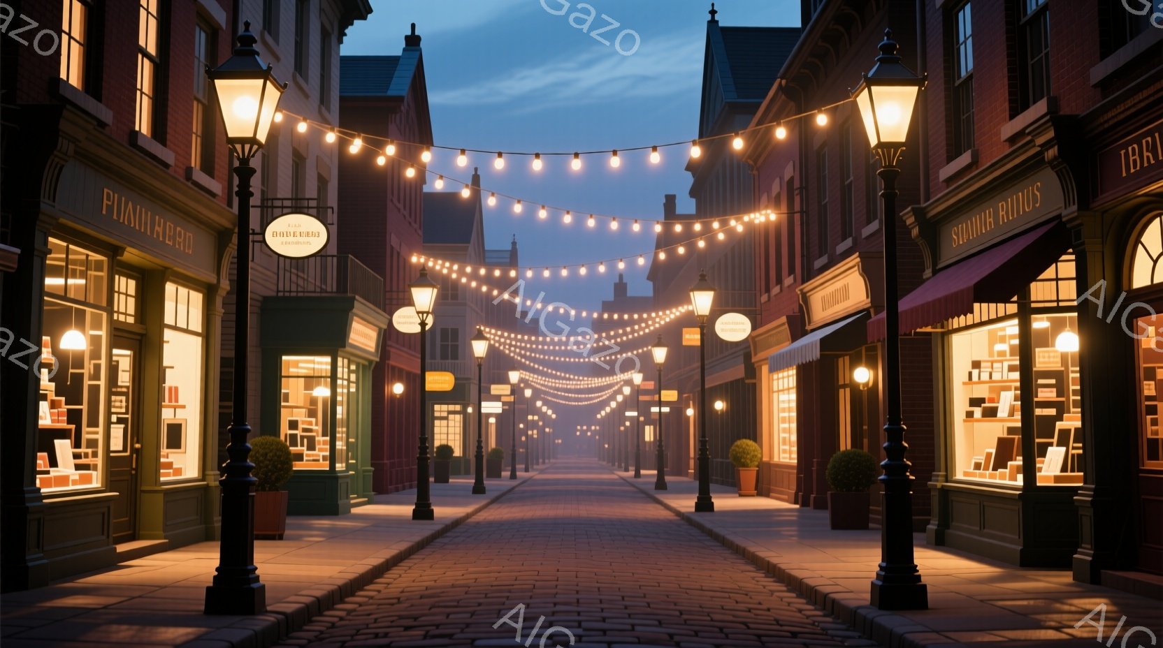 石畳の道が遠くまで続く、薄暗い街並みが見える。両脇には趣のある建物が立ち並び、窓からは温かい光が漏れている。街路樹と街灯、そして頭上を彩る電球が、幻想的な雰囲気を醸し出している。