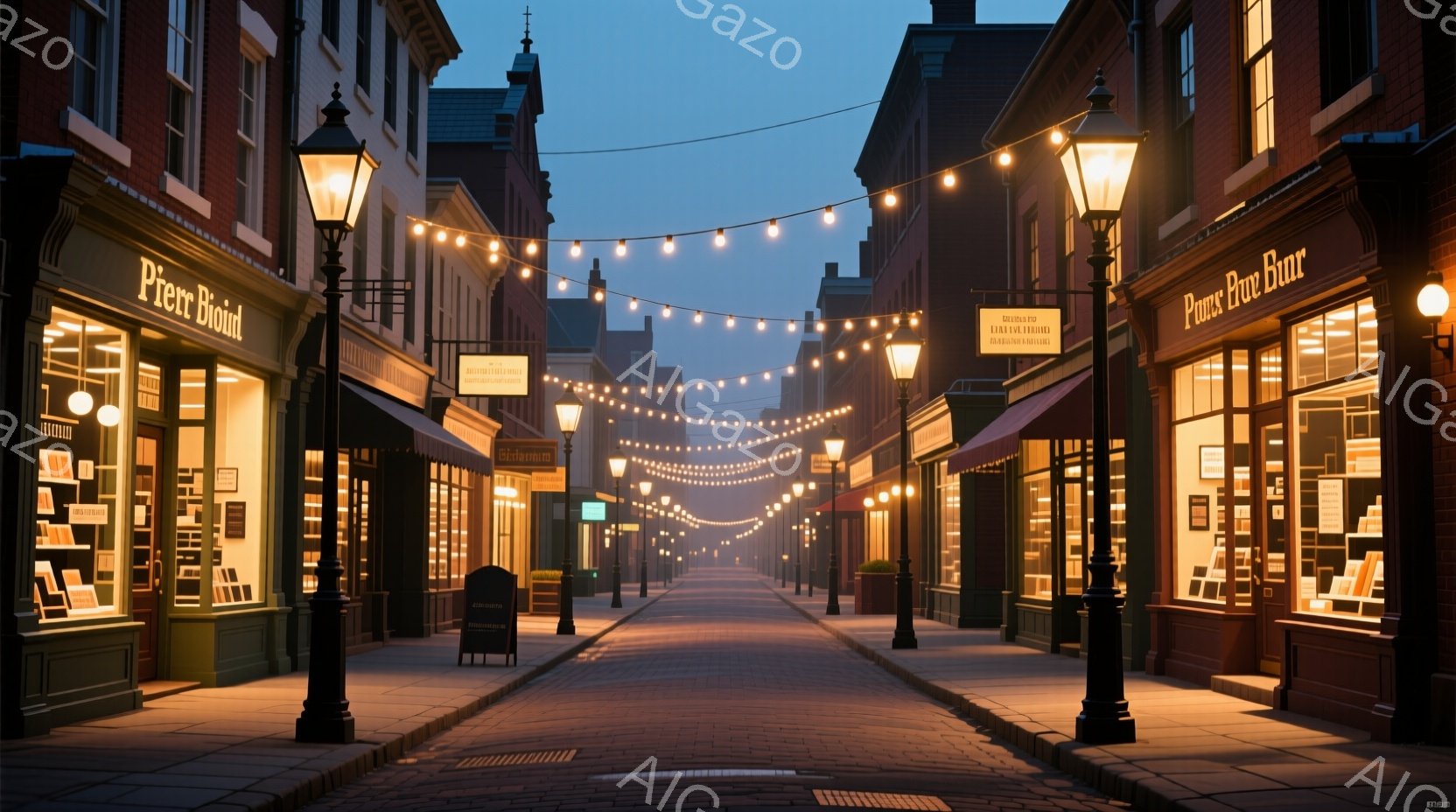 石畳の道が遠近法で奥へと伸びており、両側には煉瓦造りの建物が並んでいます。暖色の街灯と建物からの光が、夕暮れ時の穏やかな雰囲気を醸し出しており、道沿いの看板は古風な書体で描かれています。霧がかったよう - AI生成フリー素材