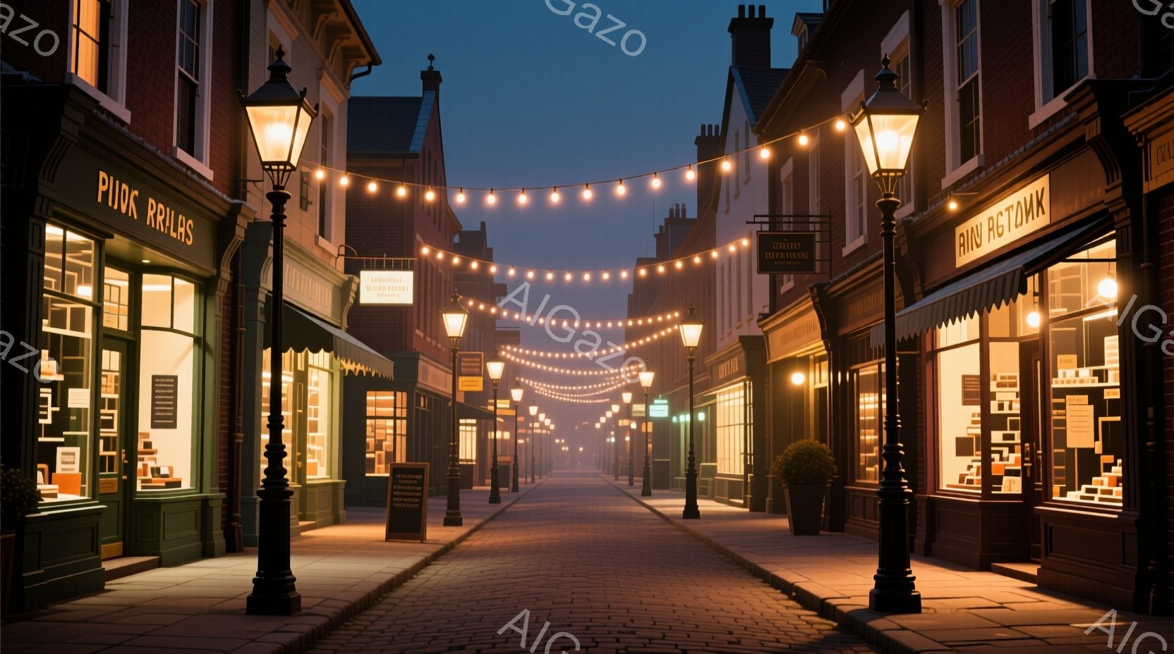 石畳の道が遠くまで伸びており、両脇には古いレンガ造りの建物が並んでいます。建物の上には「PUIO RRIAS」や「GINI RO」と書かれた看板があり、通り全体が暖色の電球で飾られていて、幻想的な雰囲 - AI生成フリー素材