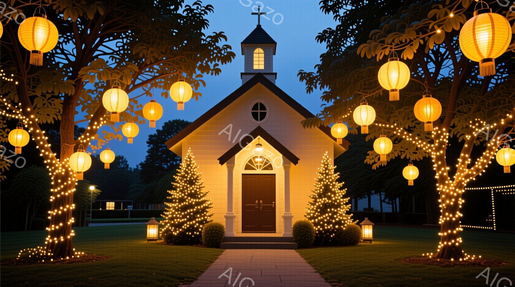 白い小さな教会が、クリスマスの飾り付けで暖かく照らされています。教会の周りの木々は、オレンジ色の提灯と輝くライトで飾られ、庭には整然と手入れされた低木とクリスマスツリーが置かれています。穏やかな夜空と - AI生成フリー素材