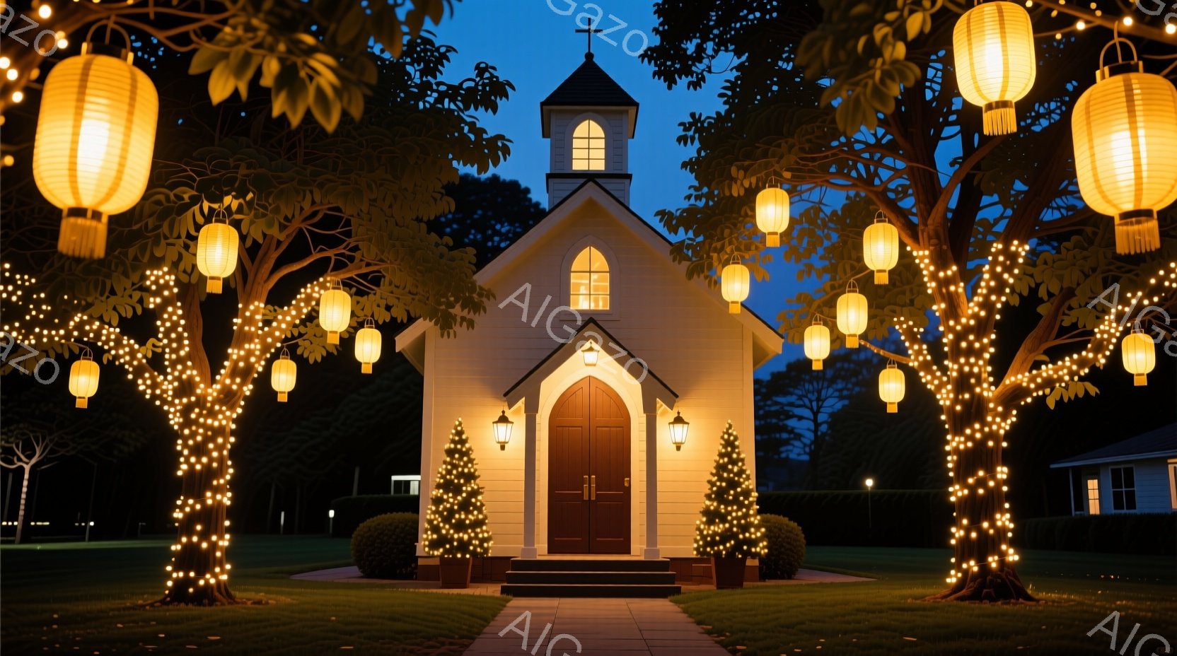 白い小さな教会が、夜の暗闇の中に浮かび上がっています。教会の周りの木々は、温かい光のイルミネーションで飾られ、幻想的な雰囲気を醸し出しています。正面には小さなクリスマスツリーが置かれ、穏やかで静謐な夜 - AI生成フリー素材